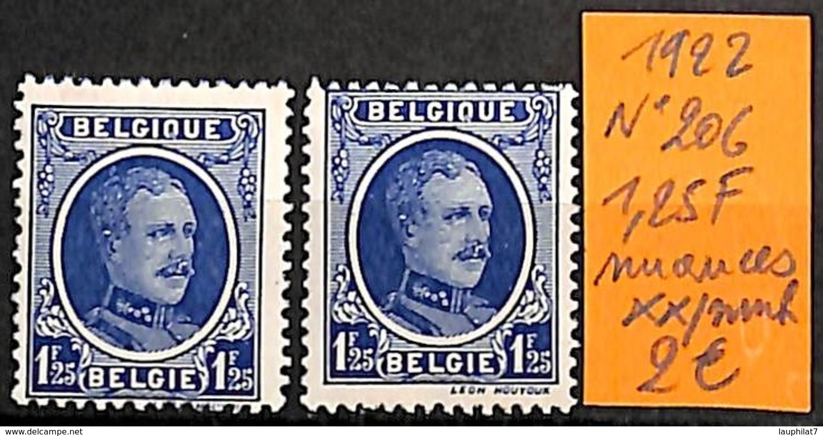 [831012]Belgique 1922 - N° 206, 1,25f Nuances, Familles Royales, Rois - 1922-1927 Houyoux