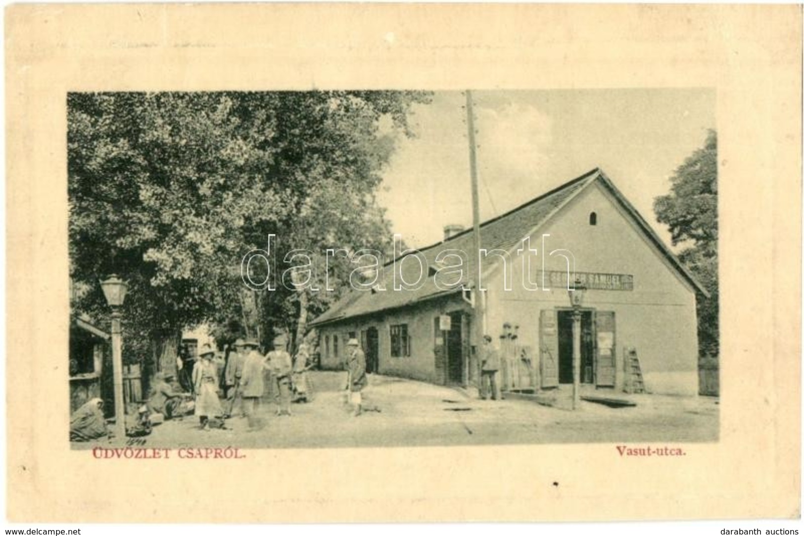 T4 1911 Csap, Chop; Vasút Utca, Sermer Sámuel üzlete, Létra. W. L. Bp. 5680. Kiadja Glück Imre / Railway Street, Shop, L - Unclassified