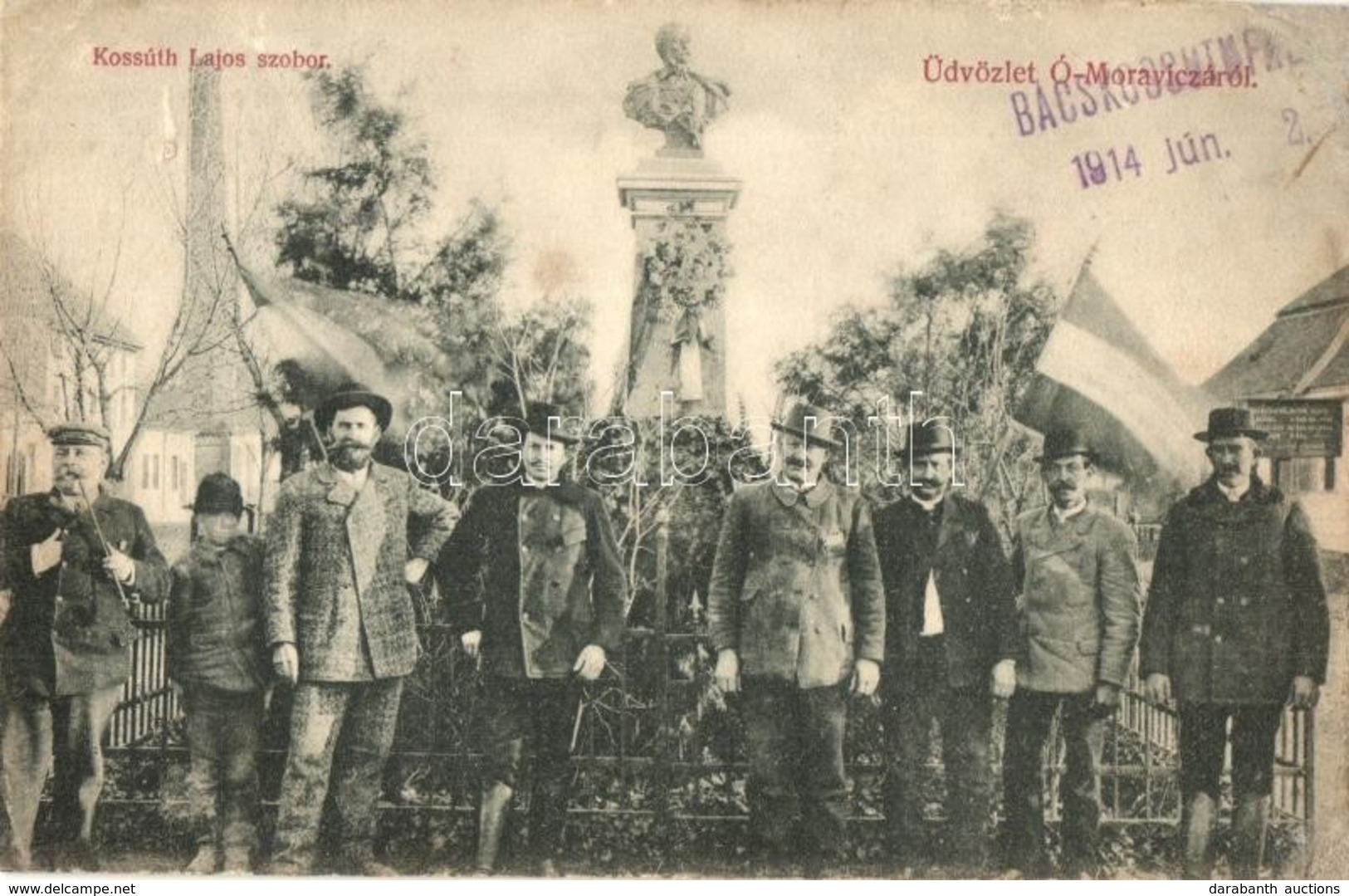 * T3 1914 Bácskossuthfalva, Kossuthfalva, Ómoravica, Stara Moravica; Kossuth Lajos Szobor Megkoszorúzva, Magyar Zászló.  - Zonder Classificatie
