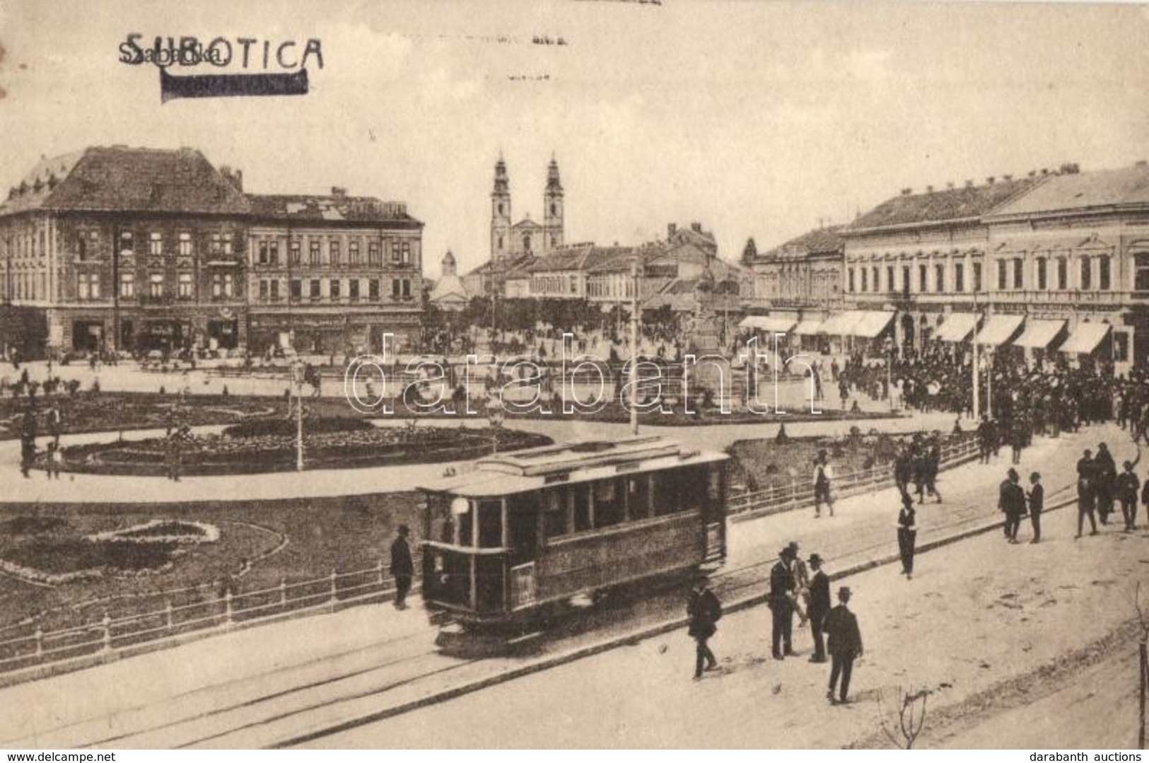 * T2/T3 Szabadka, Subotica; Szent István Tér, Utcakép, Villamos, üzletek. Kiadja Heumann Mór / Street View With Tram And - Sin Clasificación