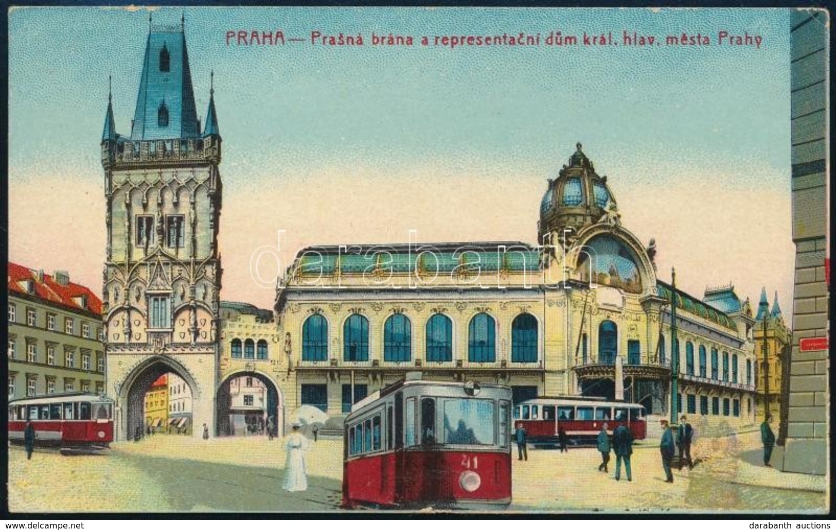 T2/T3 1915 Praha Prag; Prasná Brána A Representacni Dum Král. Hlav. Mesta Prahy / Street View With Trams, Litho + 'K. Un - Zonder Classificatie