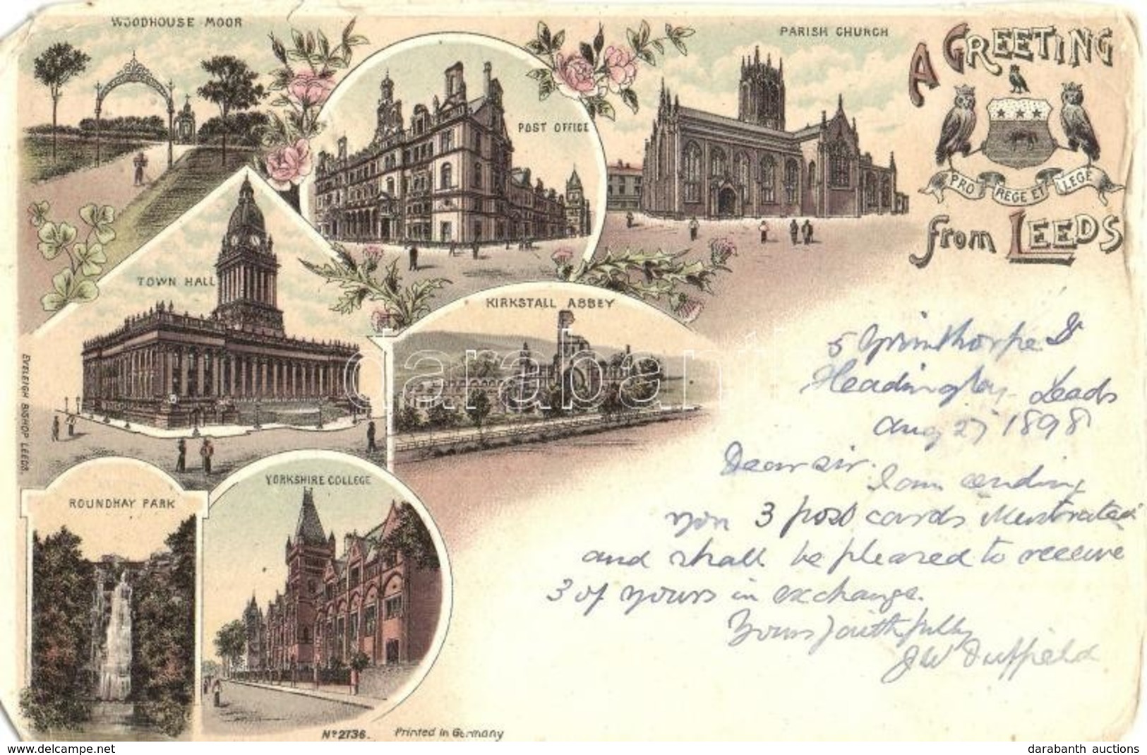 T4 1898 Leeds, Woodhouse Moor, Post Office, Parish Church, Kirkstall Abbey, Town Hall, Yorkshire College, Roundhay Park. - Zonder Classificatie