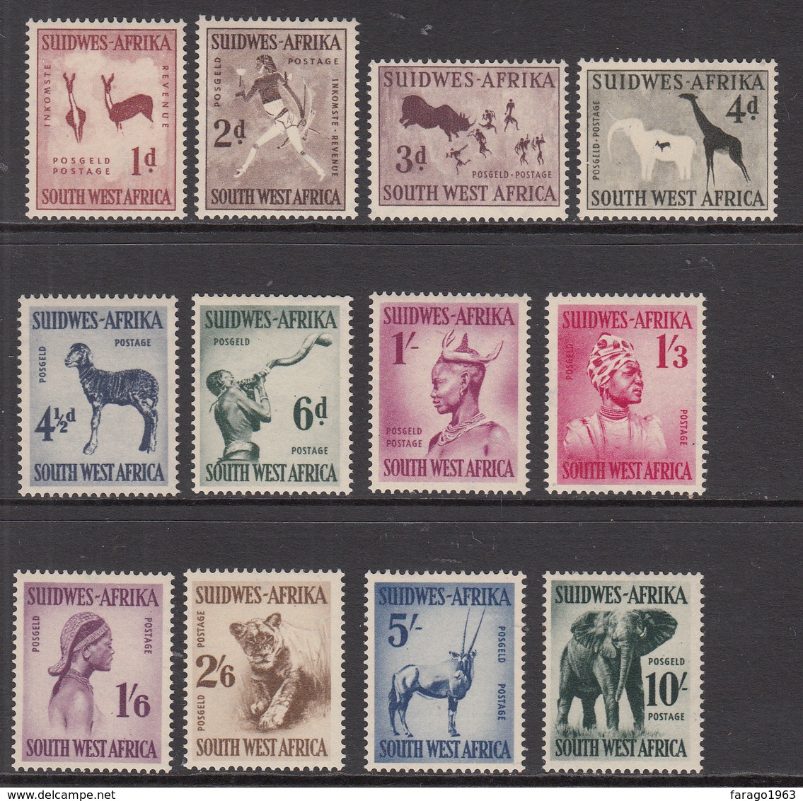 1954 South West Africa SWA Definitives Culture Animals Elephant Lion  Complete Set Of  12  MNH - Africa Del Sud-Ovest (1923-1990)