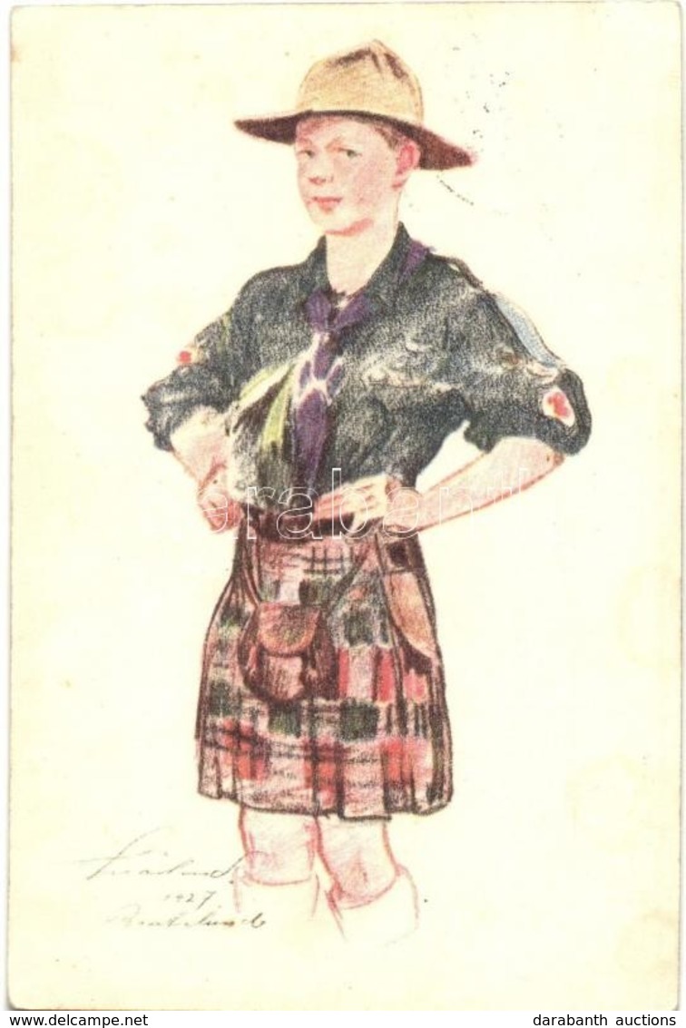 T2/T3 Skót Cserkész. Kiadja A Magyar Cserkészszövetség / Boy Scout From Scotland, Art Postcard S: Márton L. + 1933 Gödöl - Unclassified