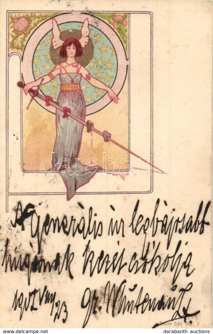 T2 1902 Female Warrior With Hearts On Her Sword. Hungarian Art Nouveau Postcard. Serie 540. No. 7. Litho  S: Basch Árpád - Unclassified