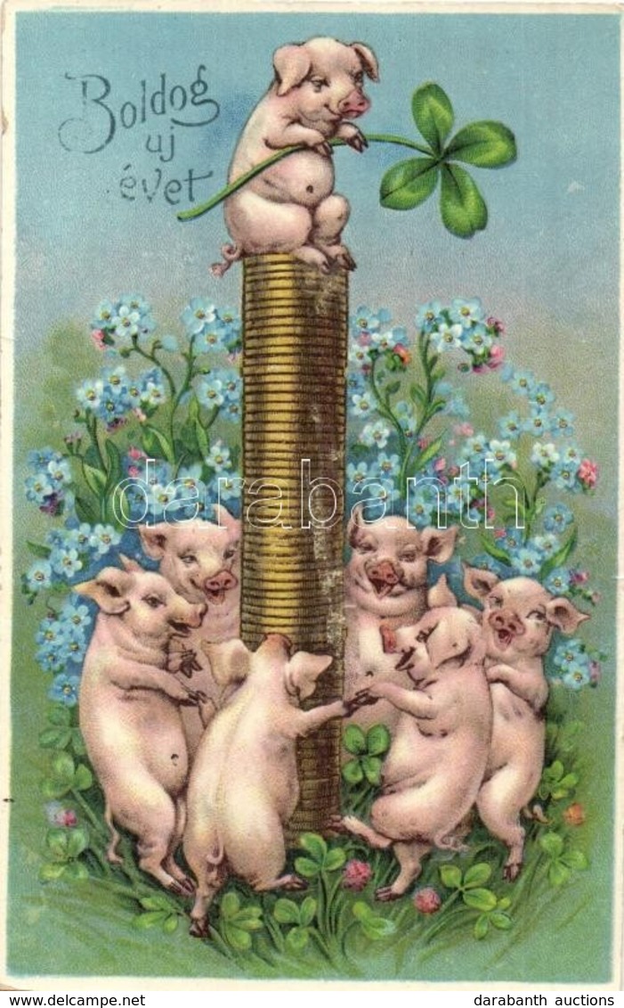 T2/T3 1913 Boldog újévet! / New Year Greeting With Pigs, Clovers, Gold. Litho - Unclassified