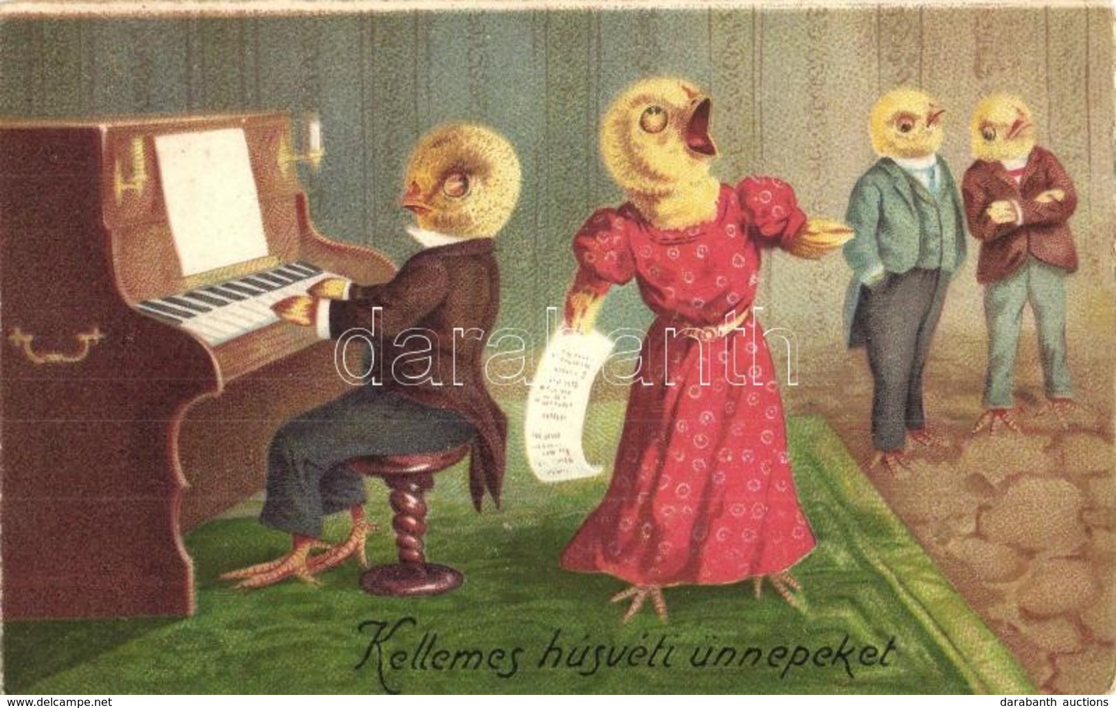 * T2/T3 Kellemes Húsvéti Ünnepeket! / Easter Greeting, Singing Chicken With Pianist Chicken. Litho (EK) - Unclassified