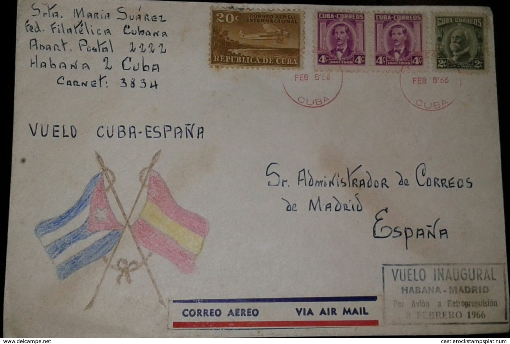 O) 1966 CUBA-CARIBBEAN, SPANISH ANTILLES, BY RETROPROPULSION AIRCRAFT -INAUGURAL FLIGHT TO SPAIN-AIRMAIL, AIRPLANE CORRE - Storia Postale