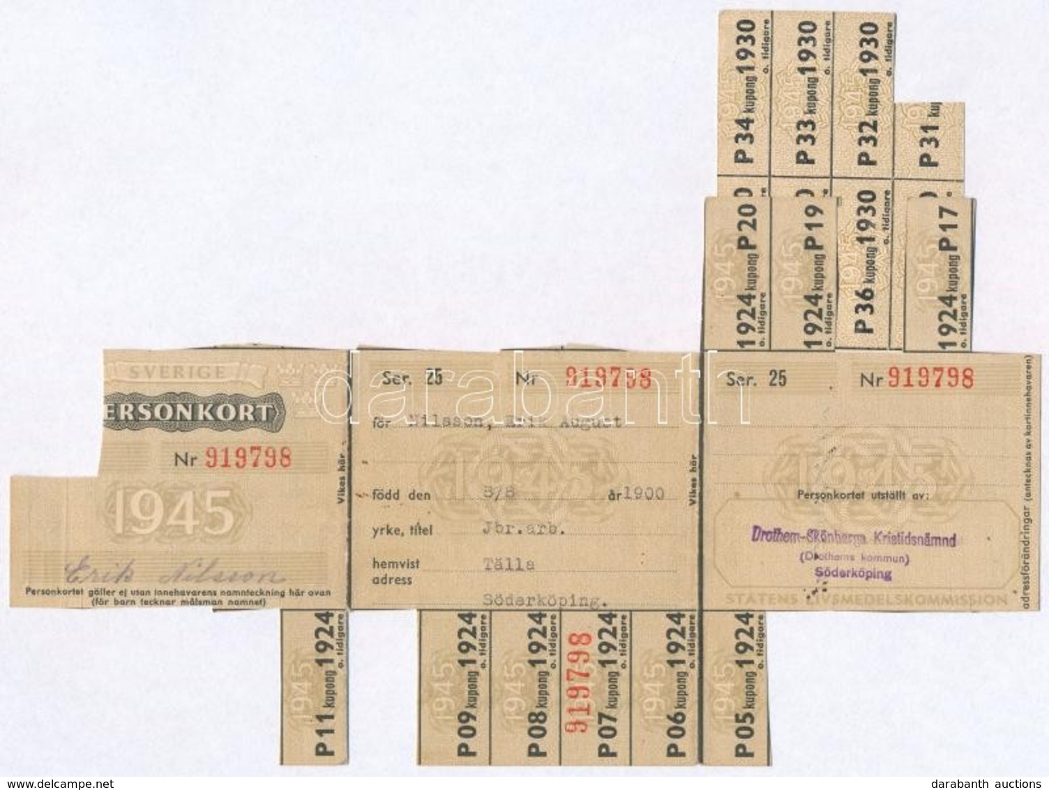 Svédország 1945. Élelmiszerjegyek?, A Tulajdonos Adataival.
Sweden 1945. Ration Coupons?, With The ID Of The Owner. - Unclassified