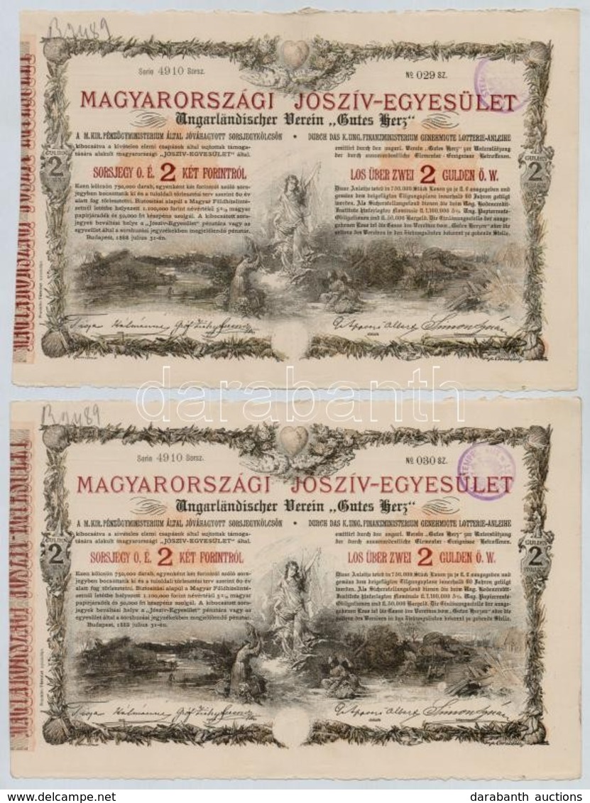 Budapest 1888. 'Magyarországi Jószív-Egyesület' (4x) Sorsjegykölcsön 2Ft-ról, Szárazpecséttel, Bélyegzéssel, Sorszámköve - Zonder Classificatie