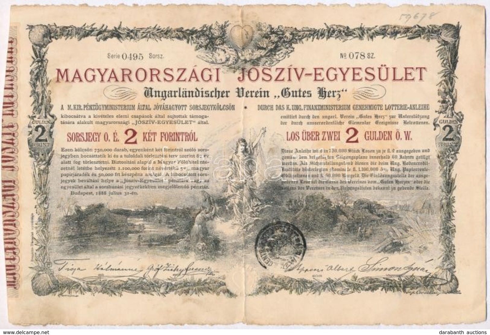 Budapest 1888. 'Magyarországi Jószív-Egyesület' Sorsjegykölcsön 2Ft-ról, Szárazpecséttel, Bélyegzéssel T:II,II- - Unclassified