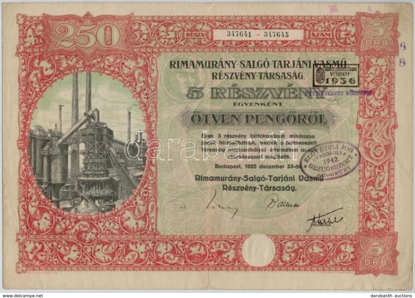 Budapest 1925. 'Rimamurány-Salgó-Tarjáni Vasmű Részvény-Társaság' öt Részvénye Egyenként 50P-ről, összesen 250P-ről, Szá - Unclassified