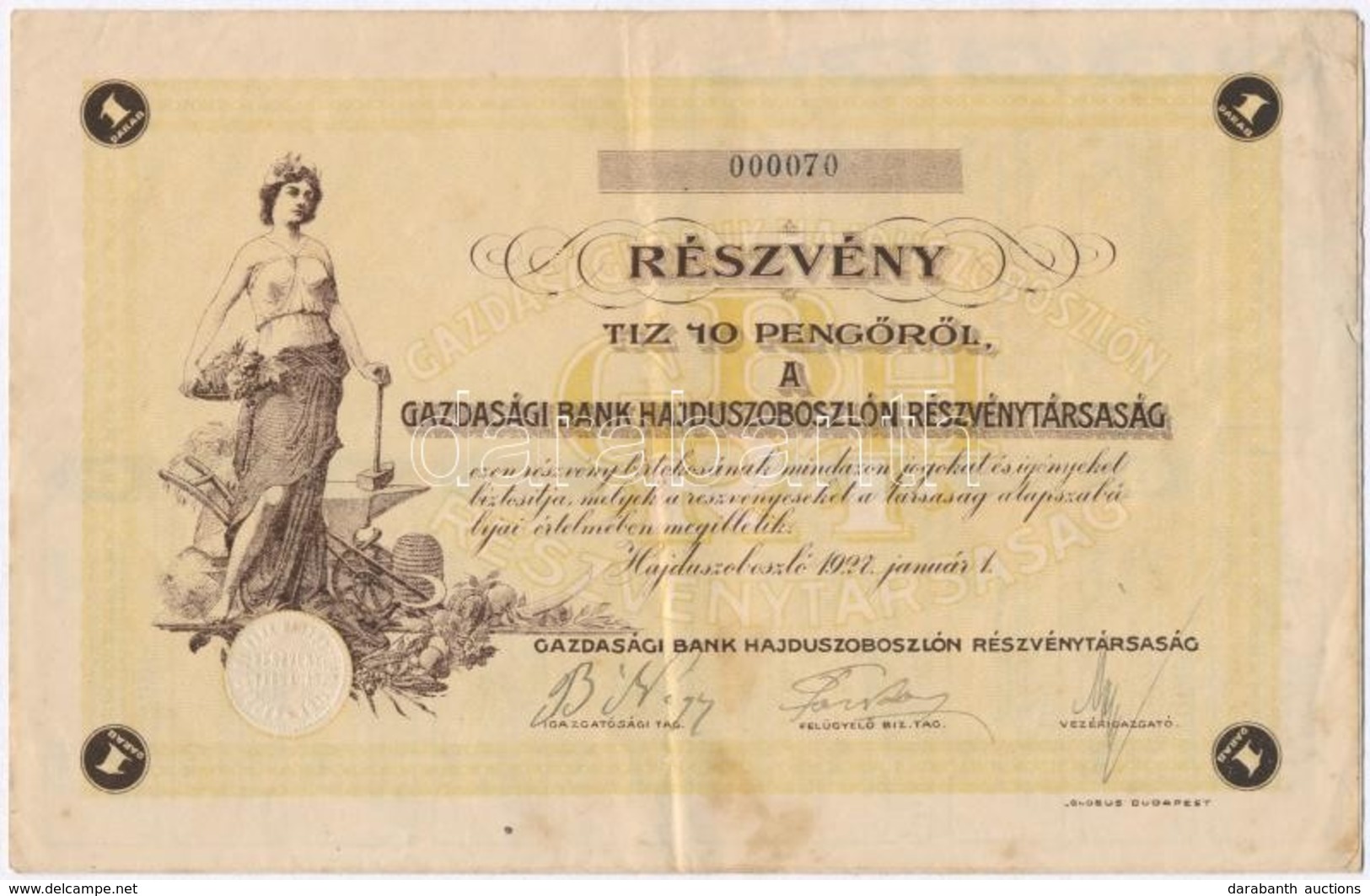 Hajdúszoboszló 1927. 'Gazdasági Bank Hajdúszoboszlón Részvénytársaság' Részvény 10P-ről, Szelvényekkel, Szárazpecséttel, - Unclassified