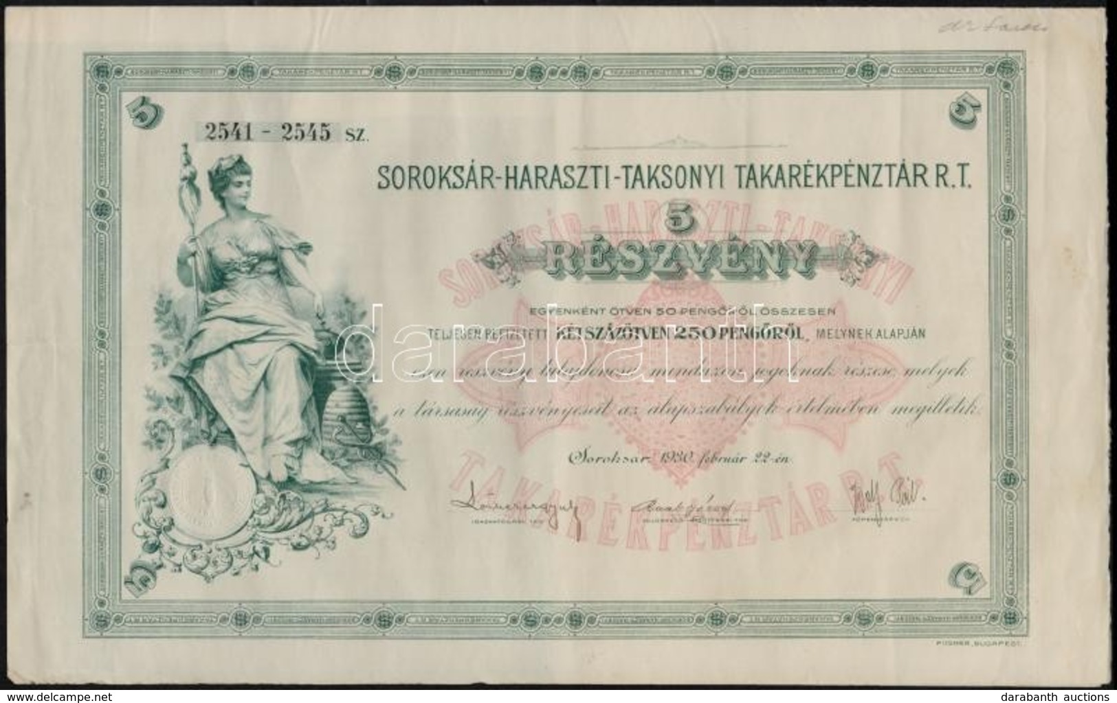 Soroksár 1930. 'Soroksár-Haraszti-Taksonyi Takarékpénztár R.T.' öt Részvénye Egyben, összesen 250P-ről, Szelvényekkel, S - Unclassified