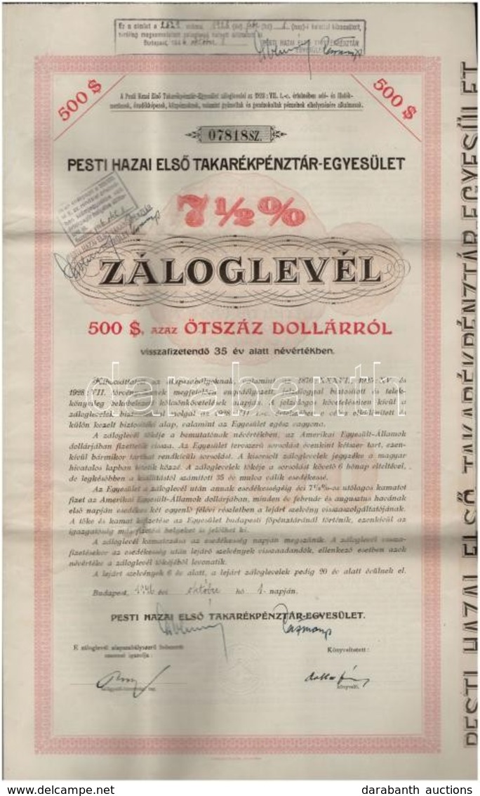 Budapest 1946. 'Pesti Hazai Első Takarékpénztár-Egyesület' 7 1/2%-os Záloglevél 500$-ról (2x), Sorszámkövetők, Szárazpec - Unclassified