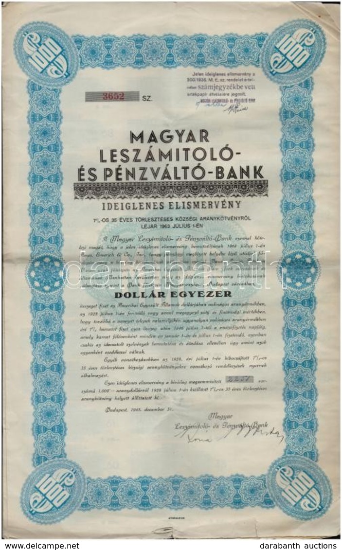 Budapest 1945. 'A Magyar Leszámitoló- és Pénzváltó-Bank Ideiglenes Elismervény 7%-os 35 éves Törlesztéses Községi Aranyk - Unclassified