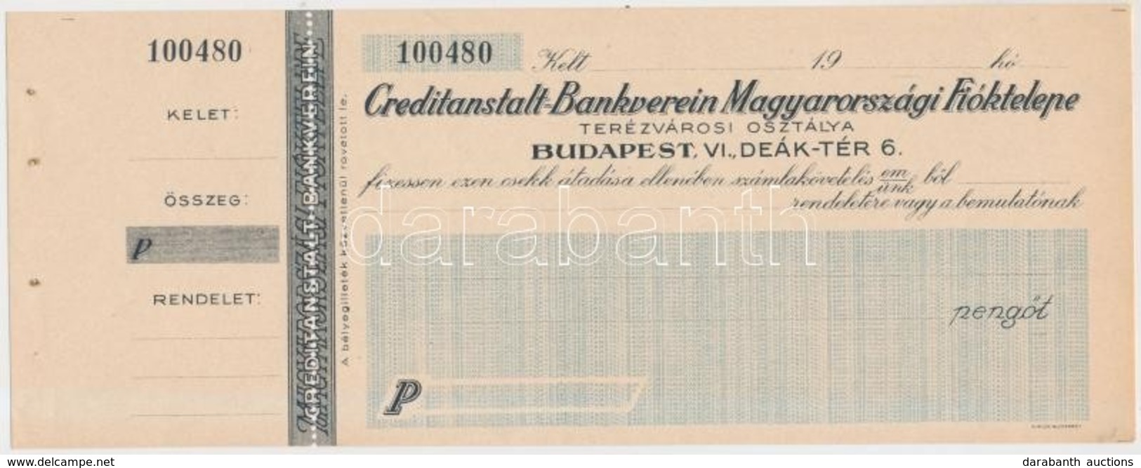 Budapest DN 'Creditanstalt-Bankverein Magyarországi Fióktelepe' Kitöltetlen Csekkje T:I - Unclassified