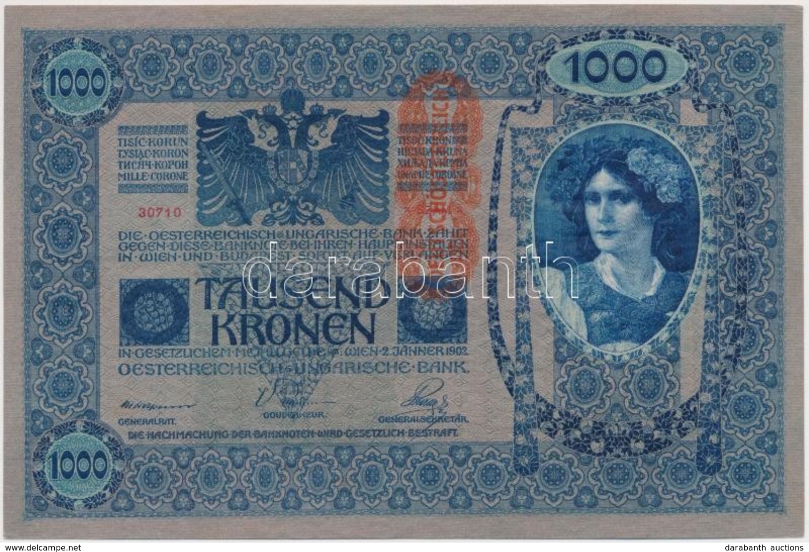 1902. 1000K Függőleges 'Deutschösterreich' Felülbélyegzéssel, Mindkét Oldala Német T:I - Unclassified