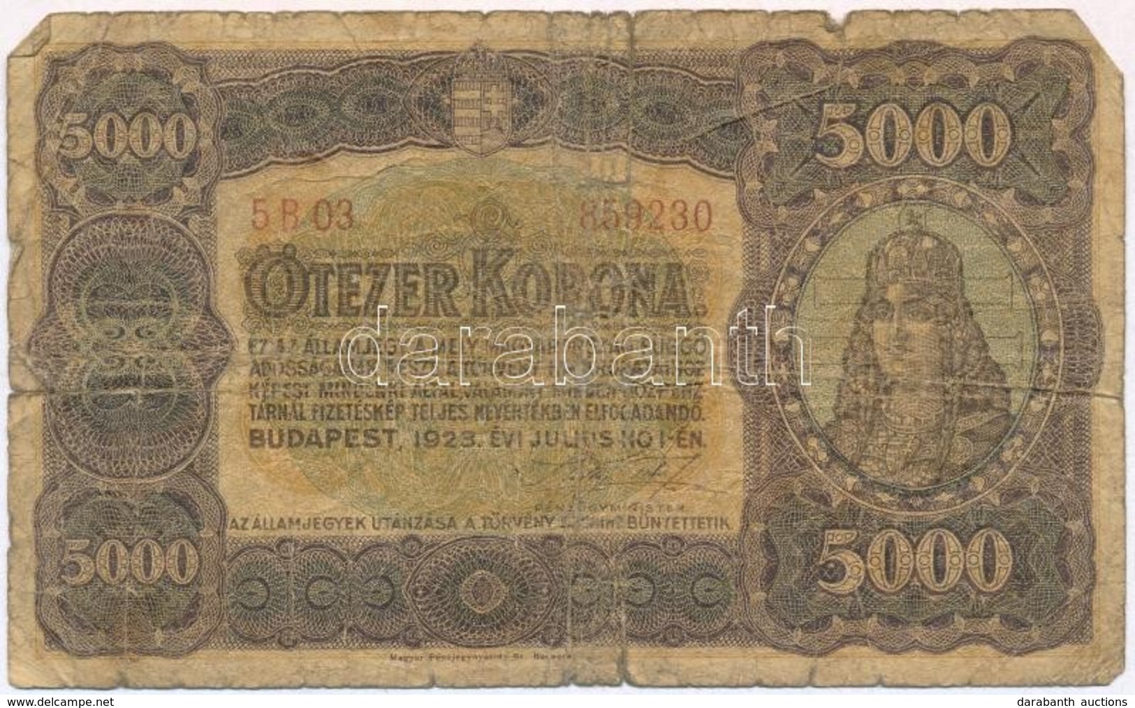 1923. 5000K 'Magyar Pénzjegynyomda Rt. Budapest' T:III-,IV
Adamo K39 - Unclassified