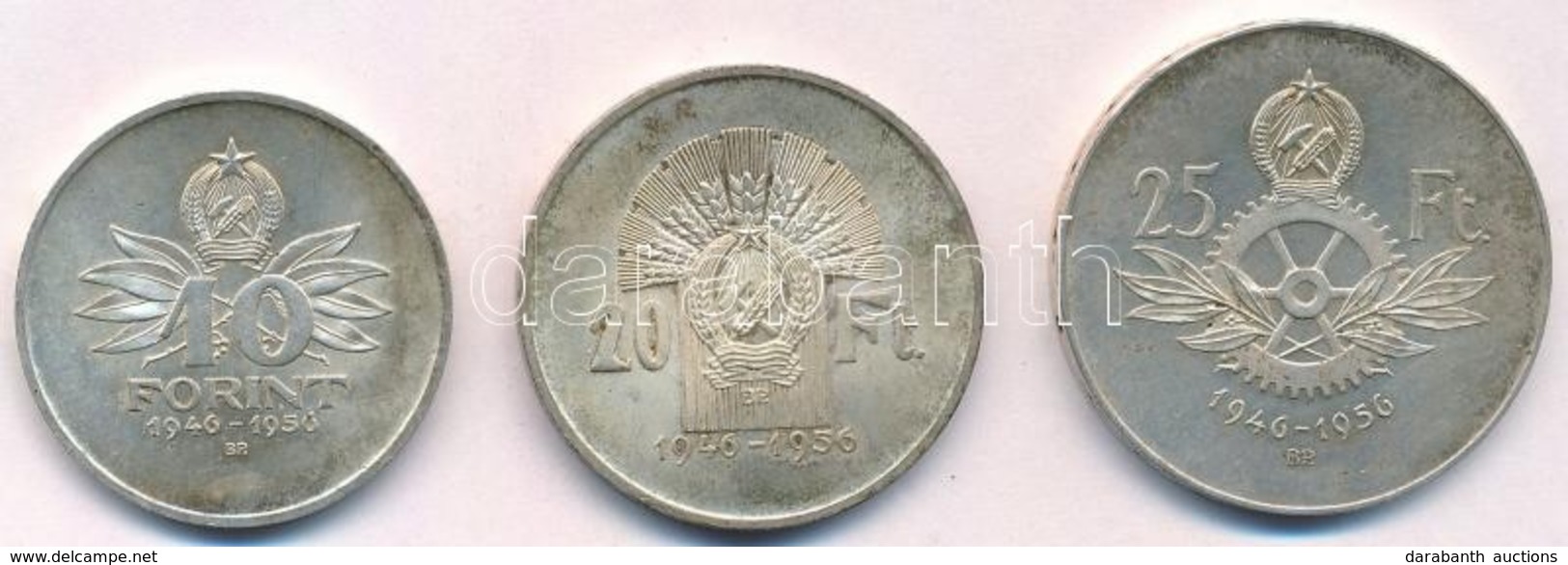 1956. 10Ft + 20Ft + 25Ft Ag 'Tízéves A Forint' T:1- Kis Patina 
Adamo EM4, EM5, EM6 - Unclassified