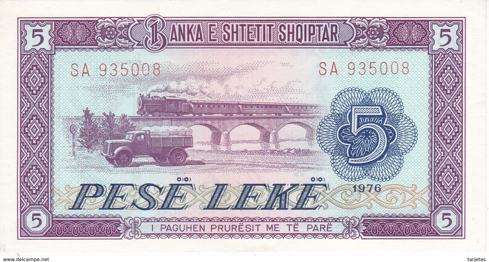 BILLETE DE ALBANIA DE 5 LEKE DEL AÑO 1976 EN CALIDAD EBC (XF) (BANKNOTE) - Albania