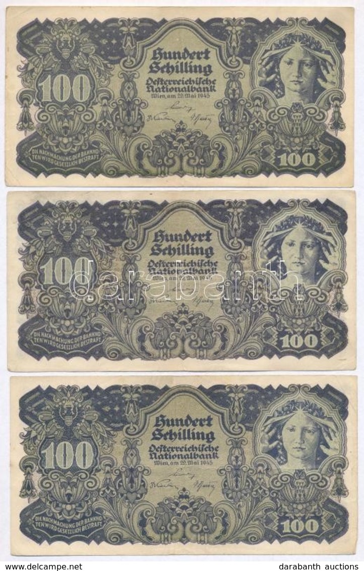 Ausztria 1945. 100Sch (3x) T:III
Austria 1945. 100 Schilling (3x) C:F 
Krause 118 - Unclassified