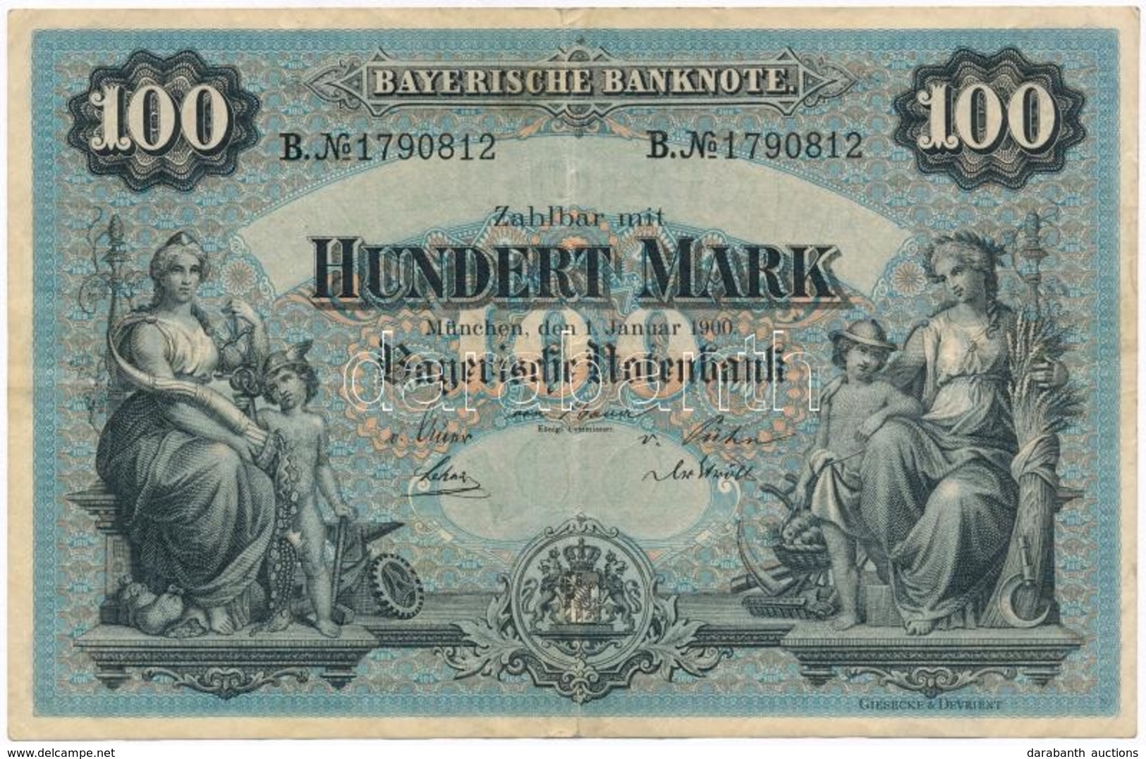 Német Birodalom / Bajorország 1900. 100M Vízjeles Papíron T:II-
German Empire / Bavaria 1900. 100 Mark On Watermarked Pa - Unclassified