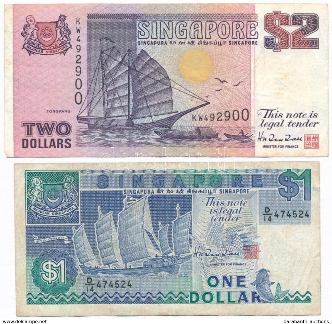 Szingapúr 1987. 1D + 1990. 2D T:III
Singapore 1987. 1 Dollar +  1990. 2 Dollars C:F
Krause 18.a, 28. - Unclassified