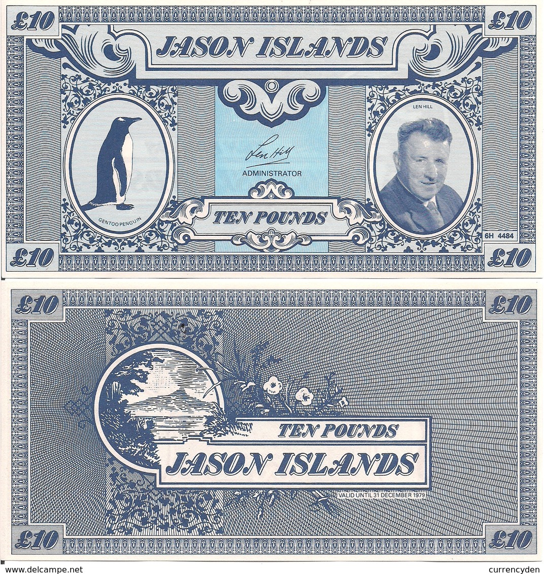 Jason Islands 10 Pound, Gentoo Penguin & Len Hall / Volcano, 1979, UNC - Falkland Islands