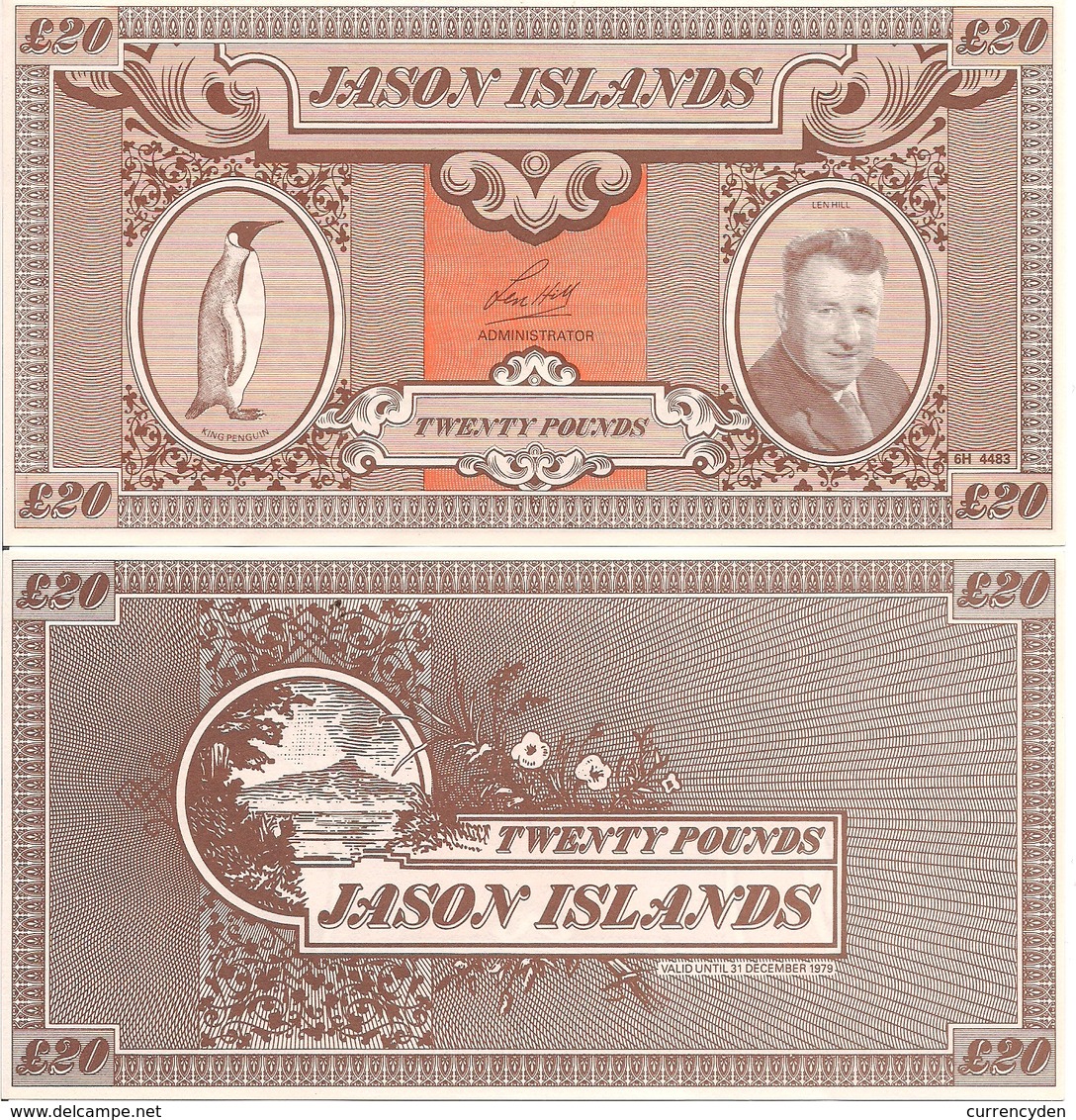 Jason Islands 20 Pound, King Penguin & Len Hall / Volcano, 1979, UNC - Falklandeilanden