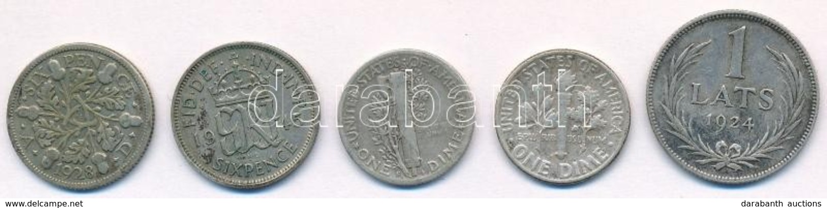 5db-os Vegyes Ezüst Tétel, Benne Nagy-Britannia 1928. 6p Ag, 1945. 6p Ag; Amerikai Egyesült Államok 1941. 10c Ag, 1954.  - Unclassified