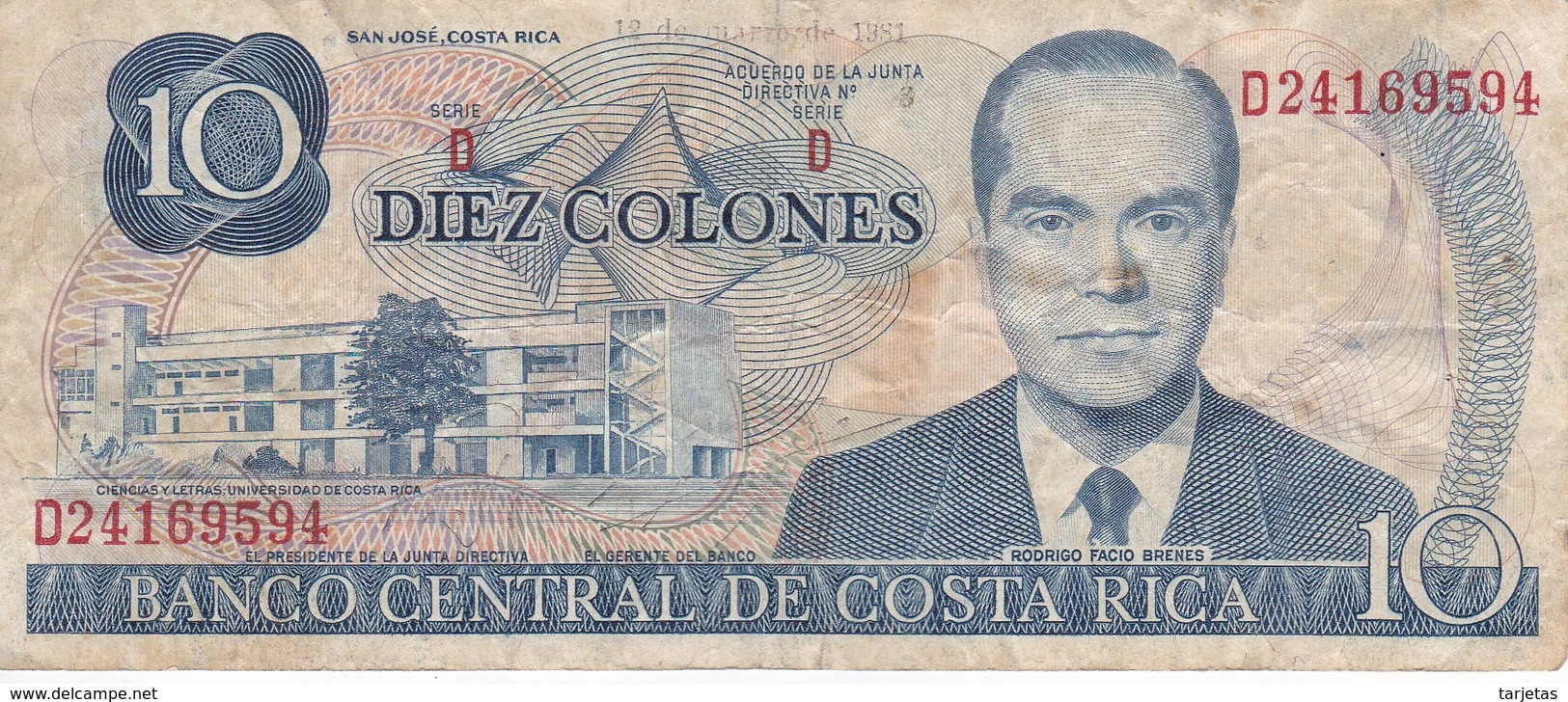 BILLETE DE COSTA RICA DE 10 COLONES AÑO 1981  (BANKNOTE) - Costa Rica