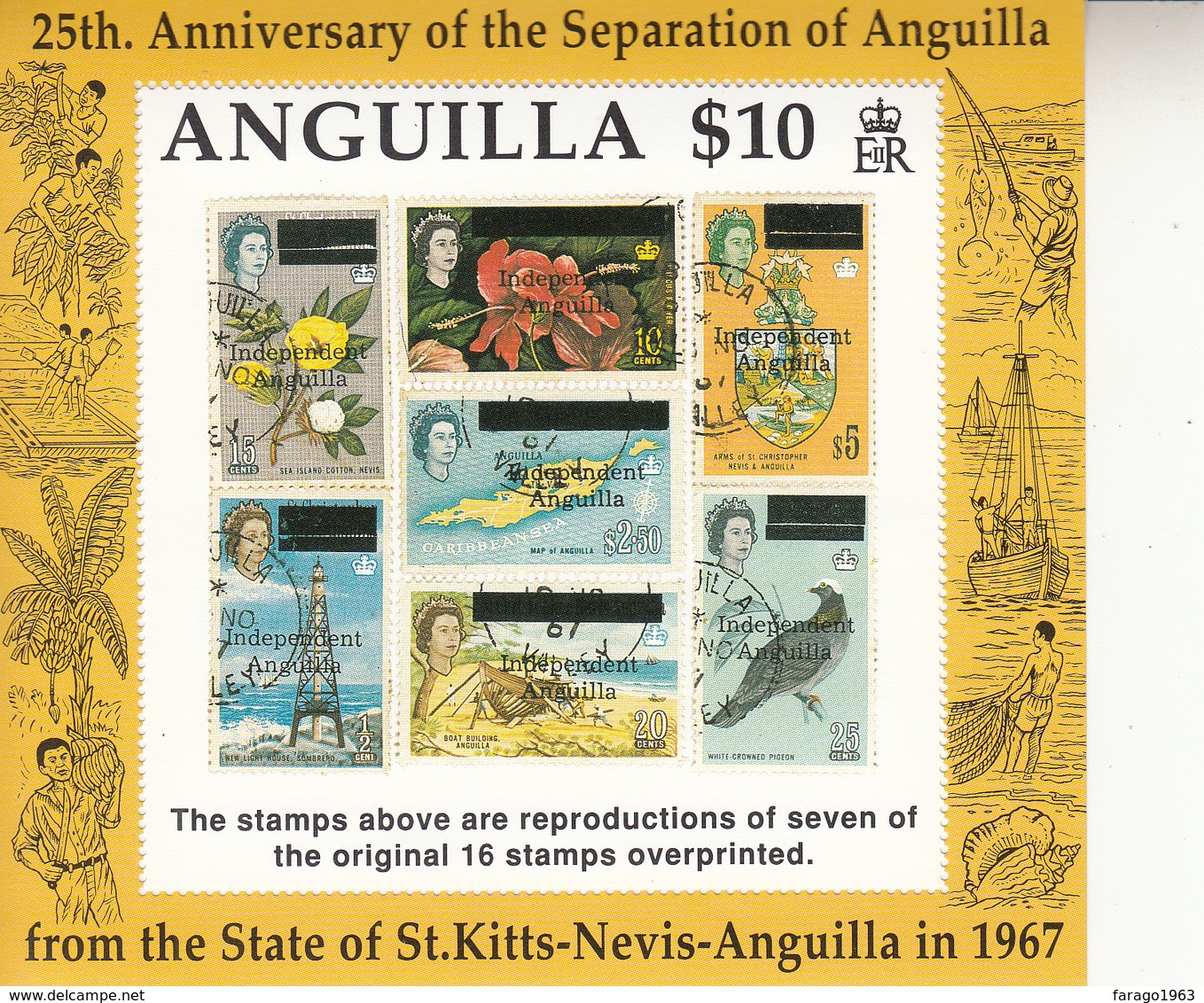 1992 Anguilla Independence Stamp On Stamps Fishing Birds Bananas Flowers Complete  Souvenir Sheet  MNH - Anguilla (1968-...)