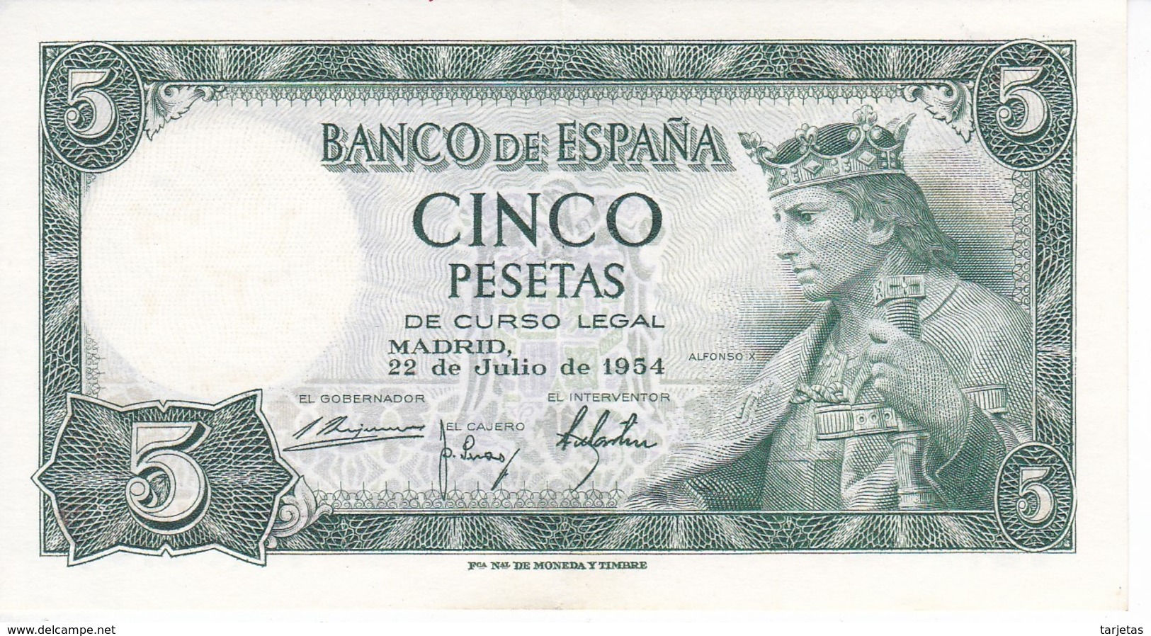 BILLETE DE 5 PTAS DEL AÑO 1954 SERIE P DE ALFONSO X EN CALIDAD EBC (XF) (BANKNOTE) - 5 Pesetas