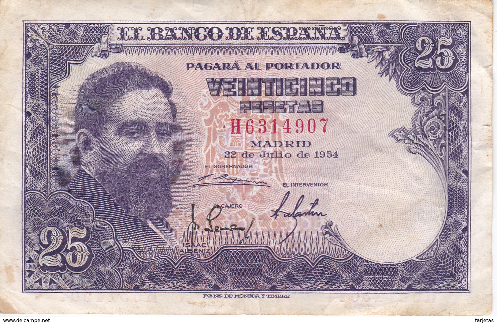 BILLETE DE ESPAÑA DE 25 PTAS DEL AÑO 1954 ISAAC ALBENIZ  SERIE H - 25 Pesetas