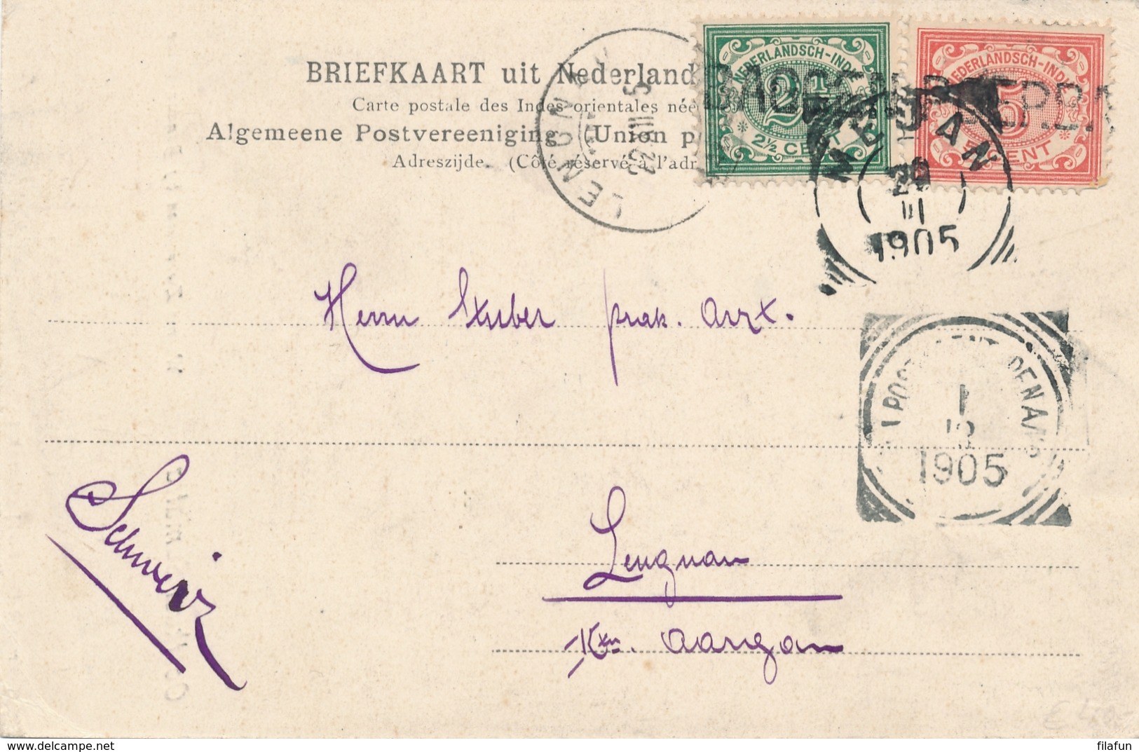 Nederlands Indië - 1905 - 5 & 2,5 Cent Cijfer Op Ansicht Van L BAGOENPOERBA Naar Schweiz - Zwavelbron Bij Bandar Baroe - Indes Néerlandaises