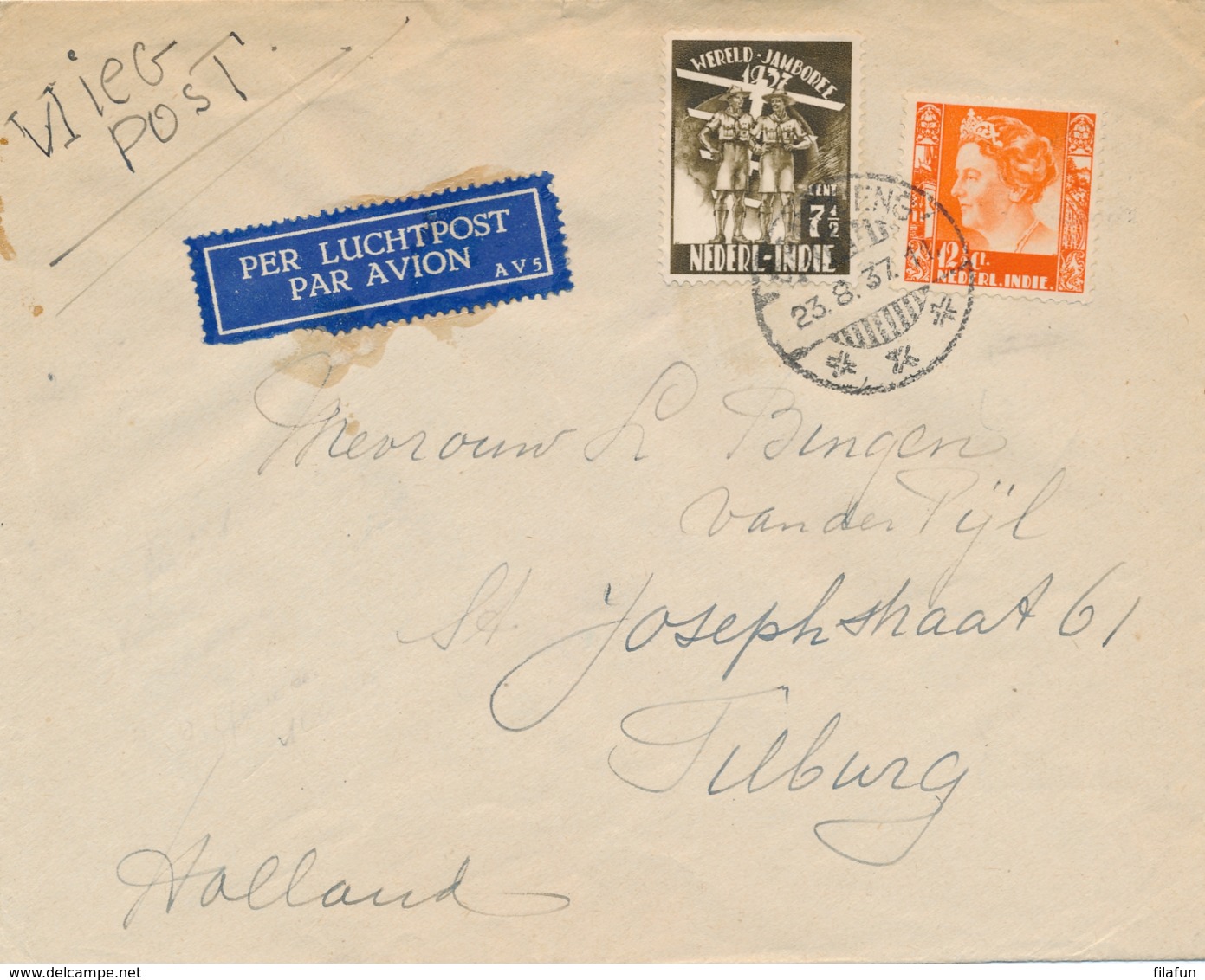 Nederlands Indië - 1937 - 7,5 Cent Jamboree & 12,5 Cent Wilhelmina Op Vliegbrief Van Bandoeng Naar Tilburg - Netherlands Indies