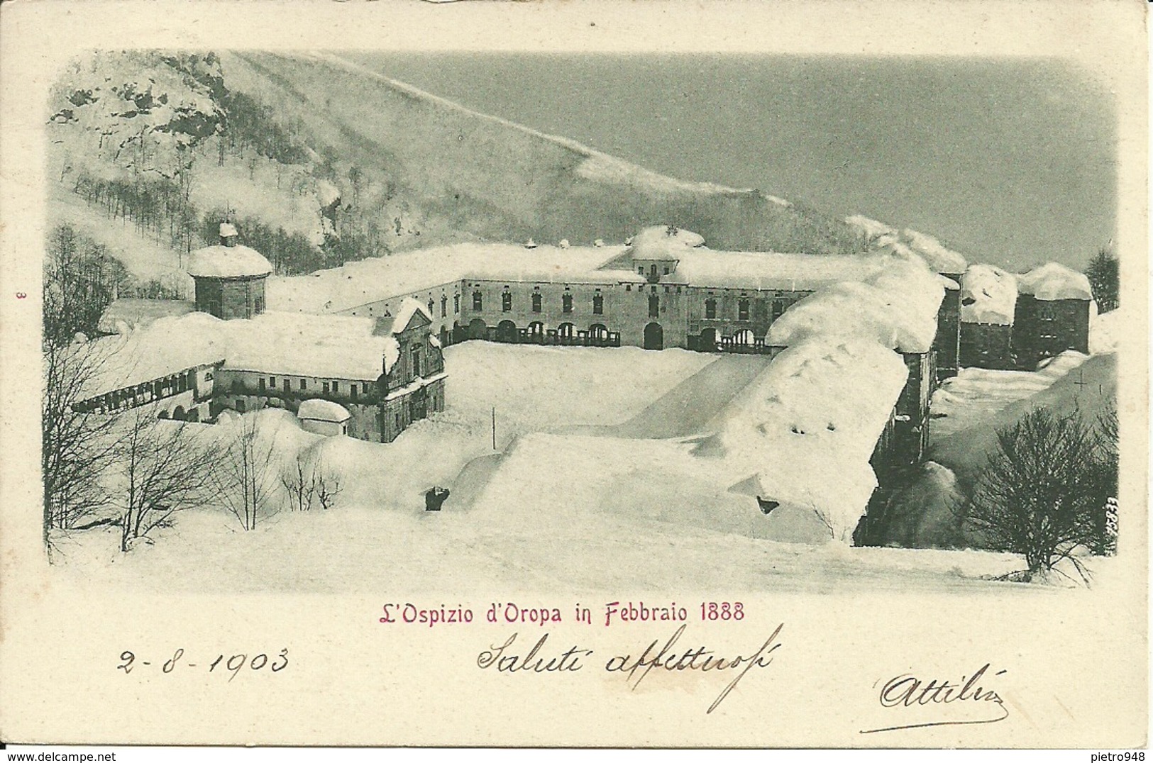 Oropa (Biella) Santuario, L'Ospizio Sotto La Neve Nel Febbraio 1888 - Biella