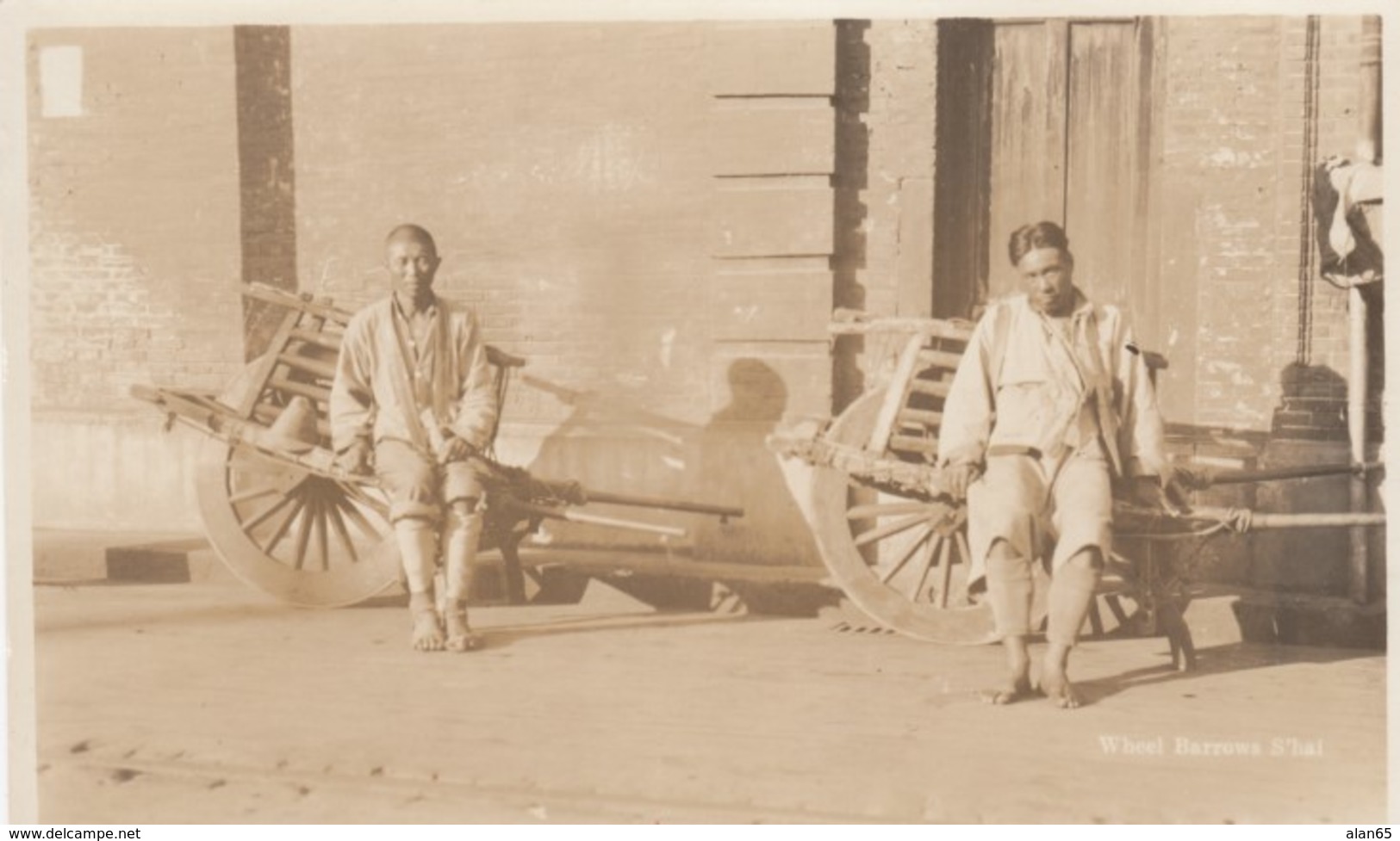 Shanghai China, Men Workers With Wheelbarrows C1910s Vintage Real Photo Postcard - China