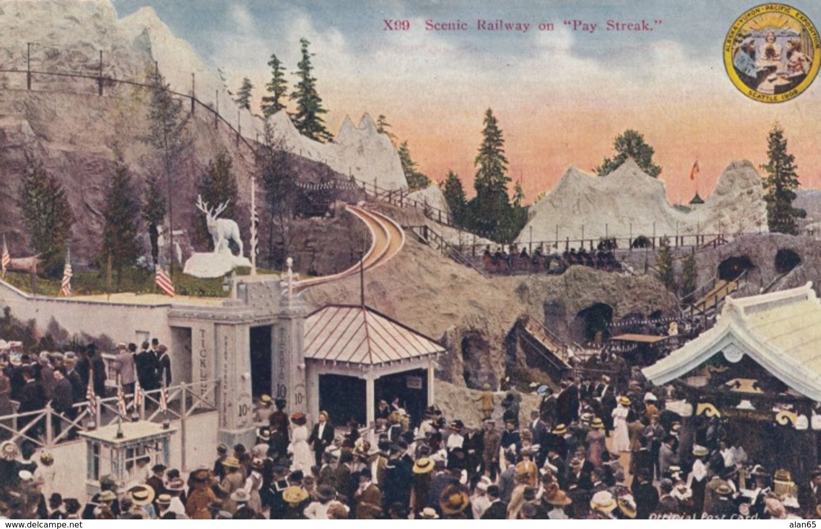 1909 Alaska-Yukon Pacific Expositon, Seattle, Scenic Railway Ride 'Pay Streak' Amusement Area C1900s Vintage Postcard - Exhibitions