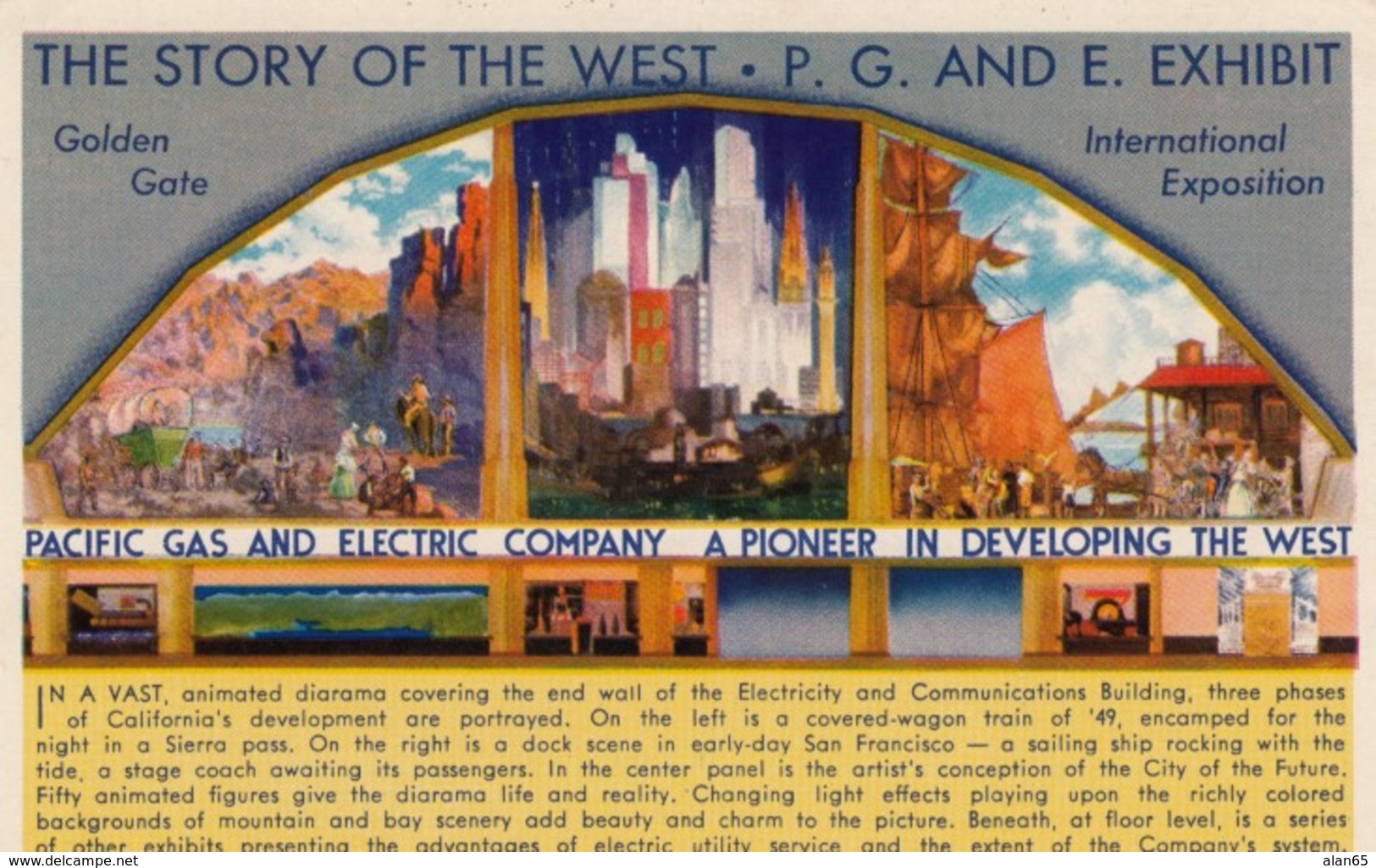 1939 Golden Gate Exposition, Pacific Gas & Electric Display 'Story Of The West' C1930s Vintage Postcard - Exhibitions