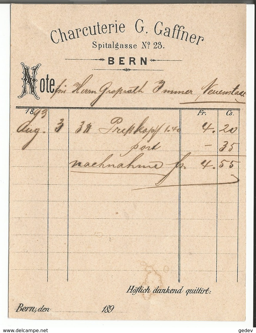 Note De Boucherie, Charcuterie G. Gaffner Spitalgasse Bern (3.8.1893) - Suisse