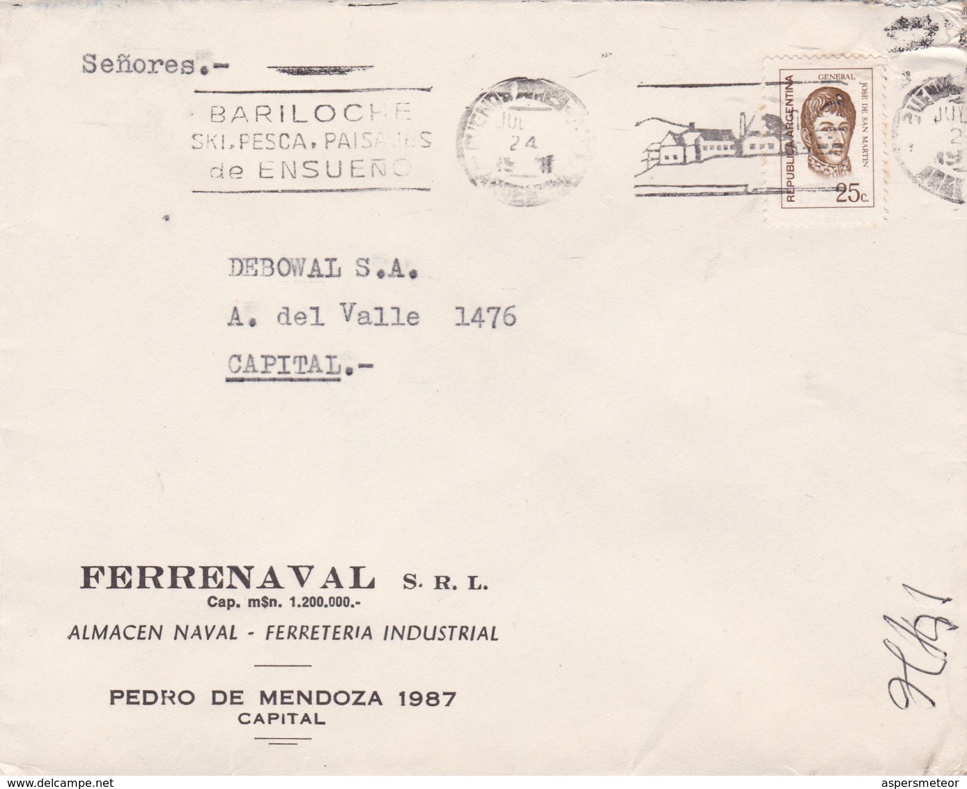 FERRENAVAL SRL- ENVELOPPE CIRCULEE BUENOS AIRES 1972 BANDELETA PARLANTE: BARILOCHE, SKI PESCA PAISAJES DE ENSUEÑ - BLEUP - Lettres & Documents