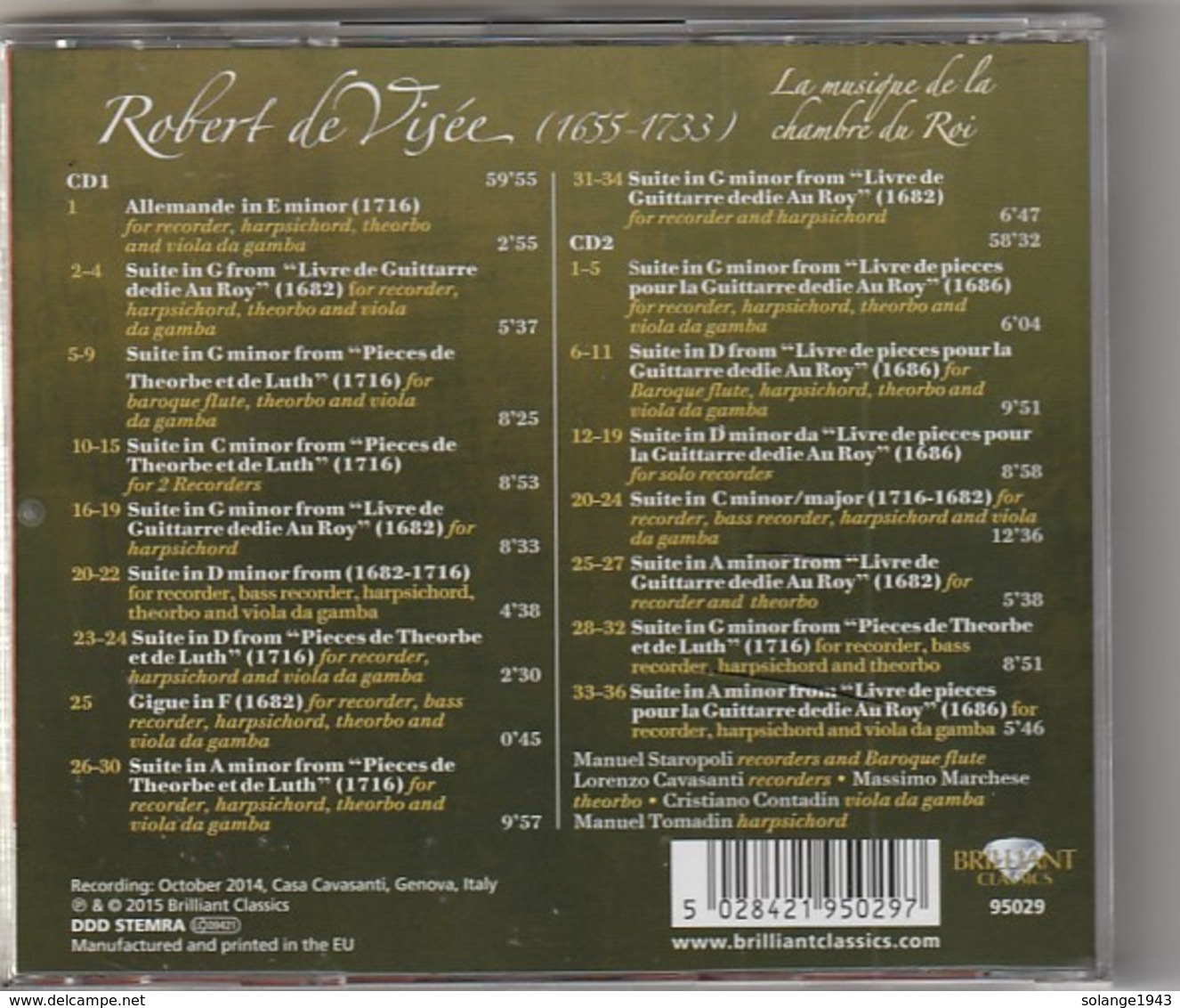 Cd  ROBERT DE VISEE  La Musique De La Chambre Du Roi (2 Cd) Etat: TTB Port 140 GR - Classique