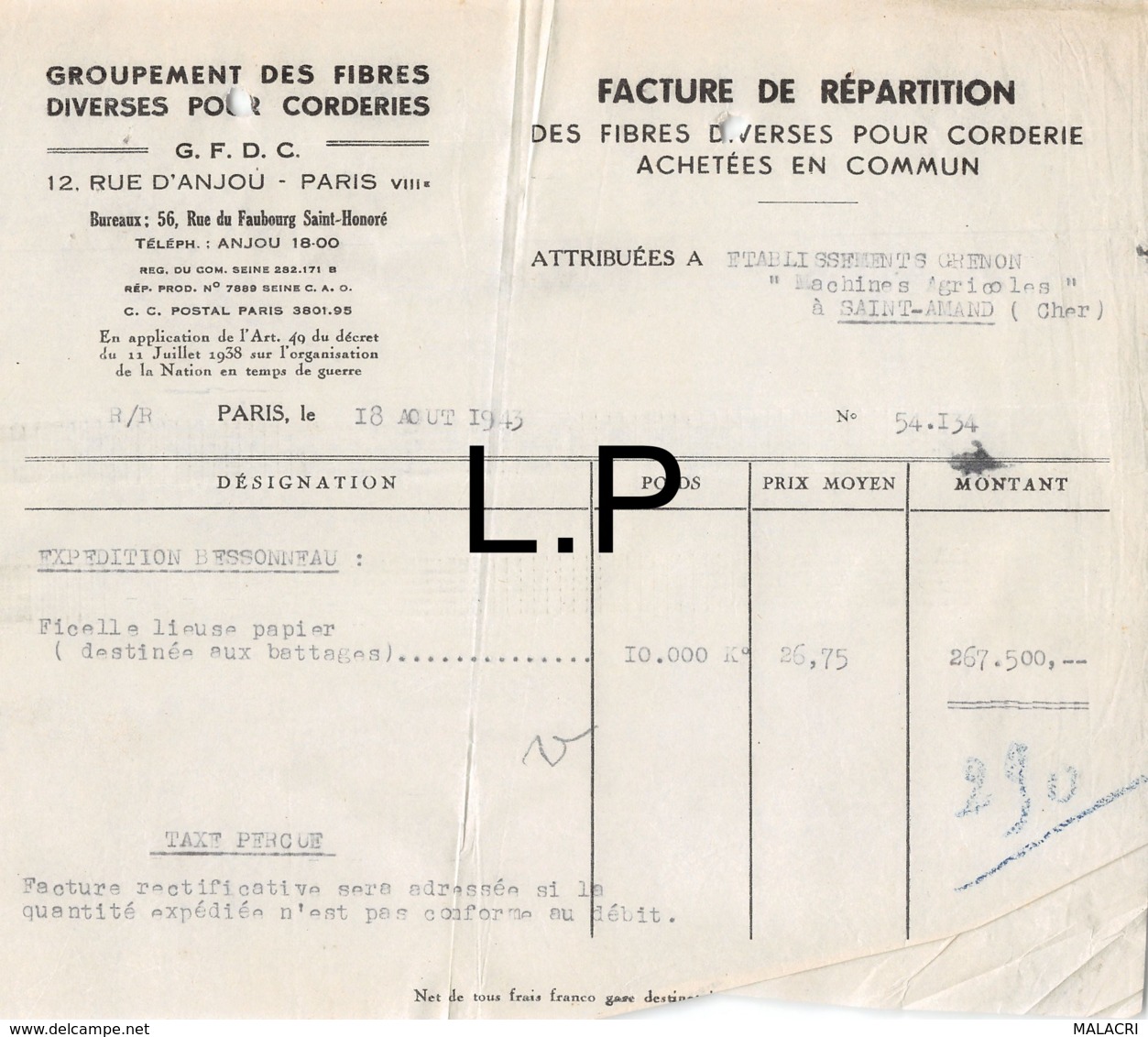 33-0593   1943 GROUPEMENT DES FIBRES DIVERSES POUR CORDERIES A PARIS - ETS GRENON A SAINT AMAND MONTROND - 1900 – 1949