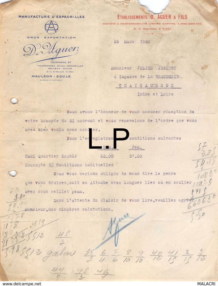 33-0793   1929 MANUFACTURE D ESPADRILLES D AGUER A MAULEON SOULE - M. JACQUET A CHATEAUROUX - 1900 – 1949