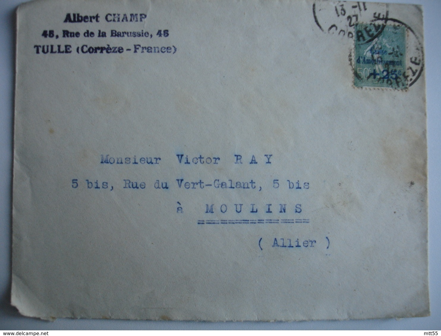 Yt 247 Caisse Amortissement Semeuse Lignee 50 C Plus 25 C Sur Lettre De Tulle - 1921-1960: Période Moderne