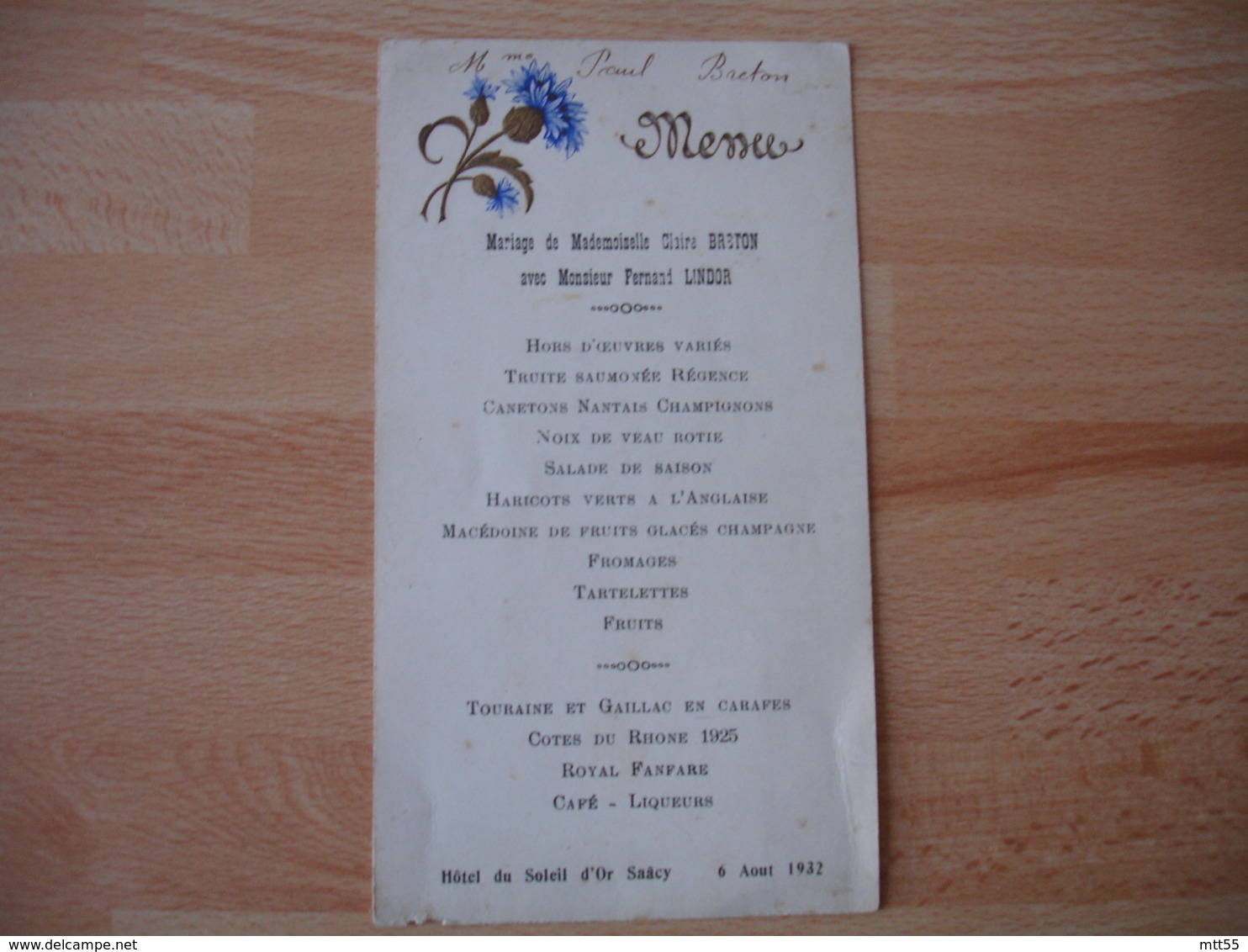 Menu Mariage 1932 Illustre Bleuet - Menus