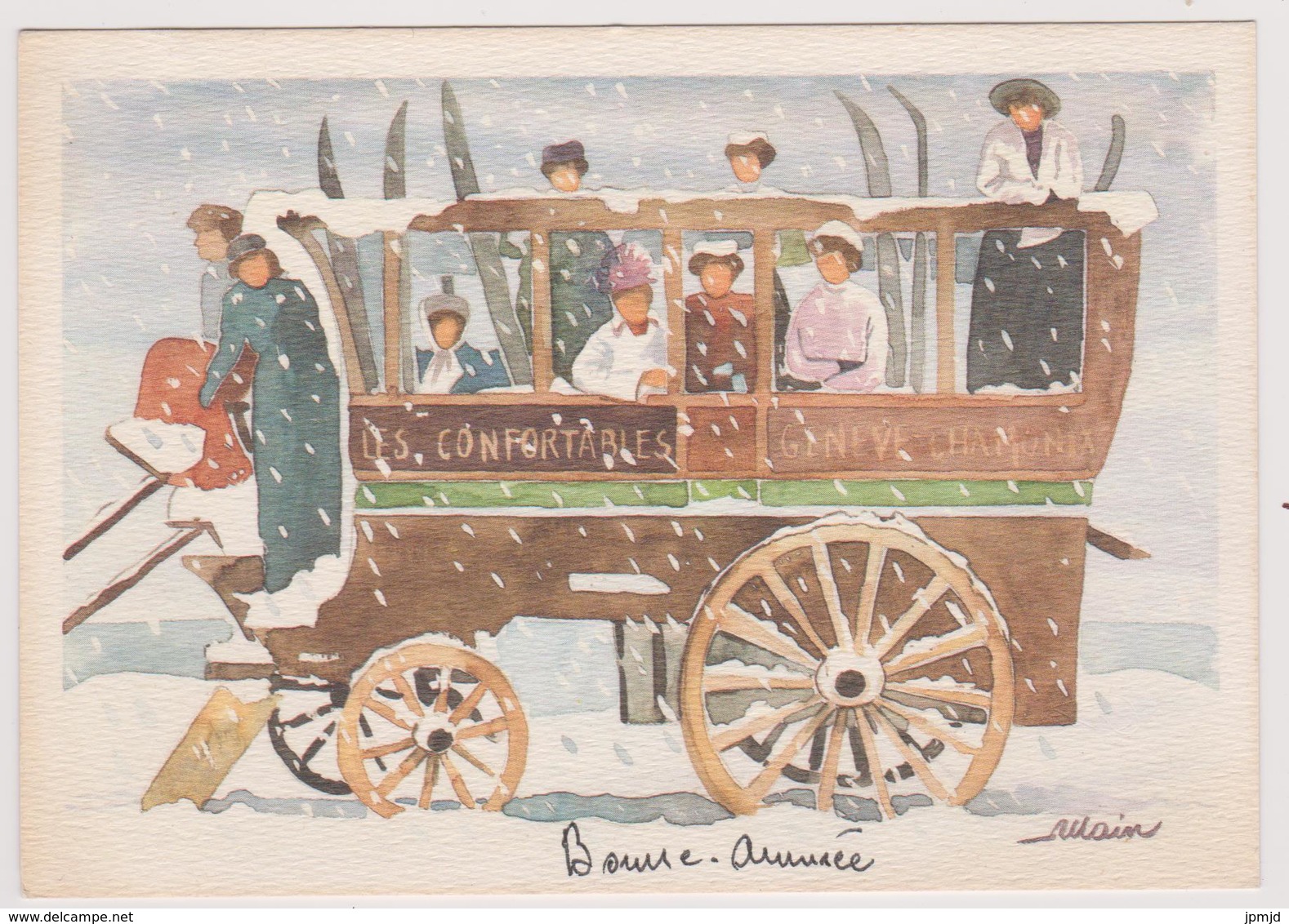 Carte De Bonne Année - Aquarelle De J. Luc ALLAIN - La Diligence LES CONFORTABLES GENEVE CHAMONIX - Genève