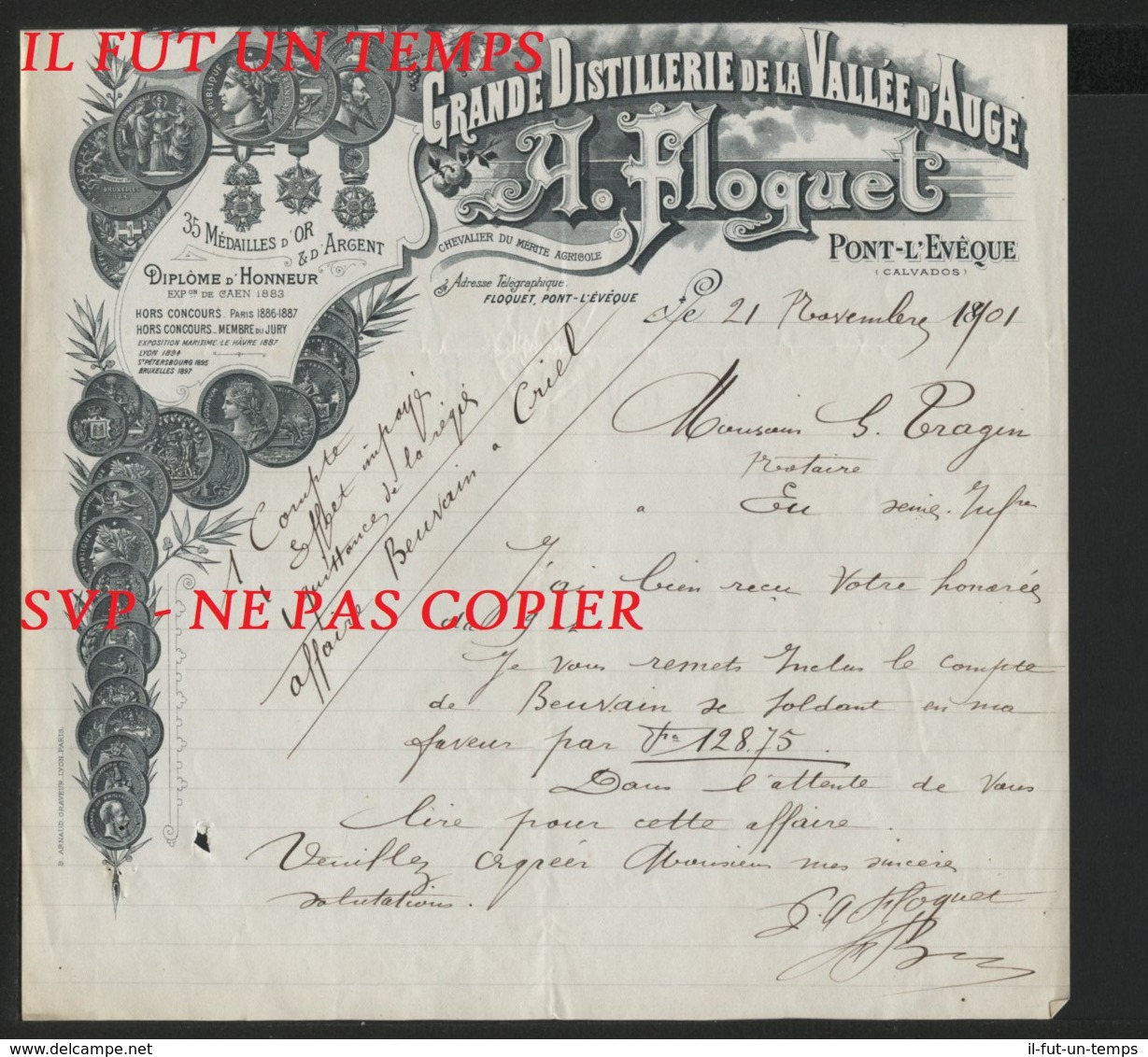 1801 / PONT L'EVEQUE / A. FLOQUET /  Grande Distillerie De La VALLEE D'AUGE - 1800 – 1899